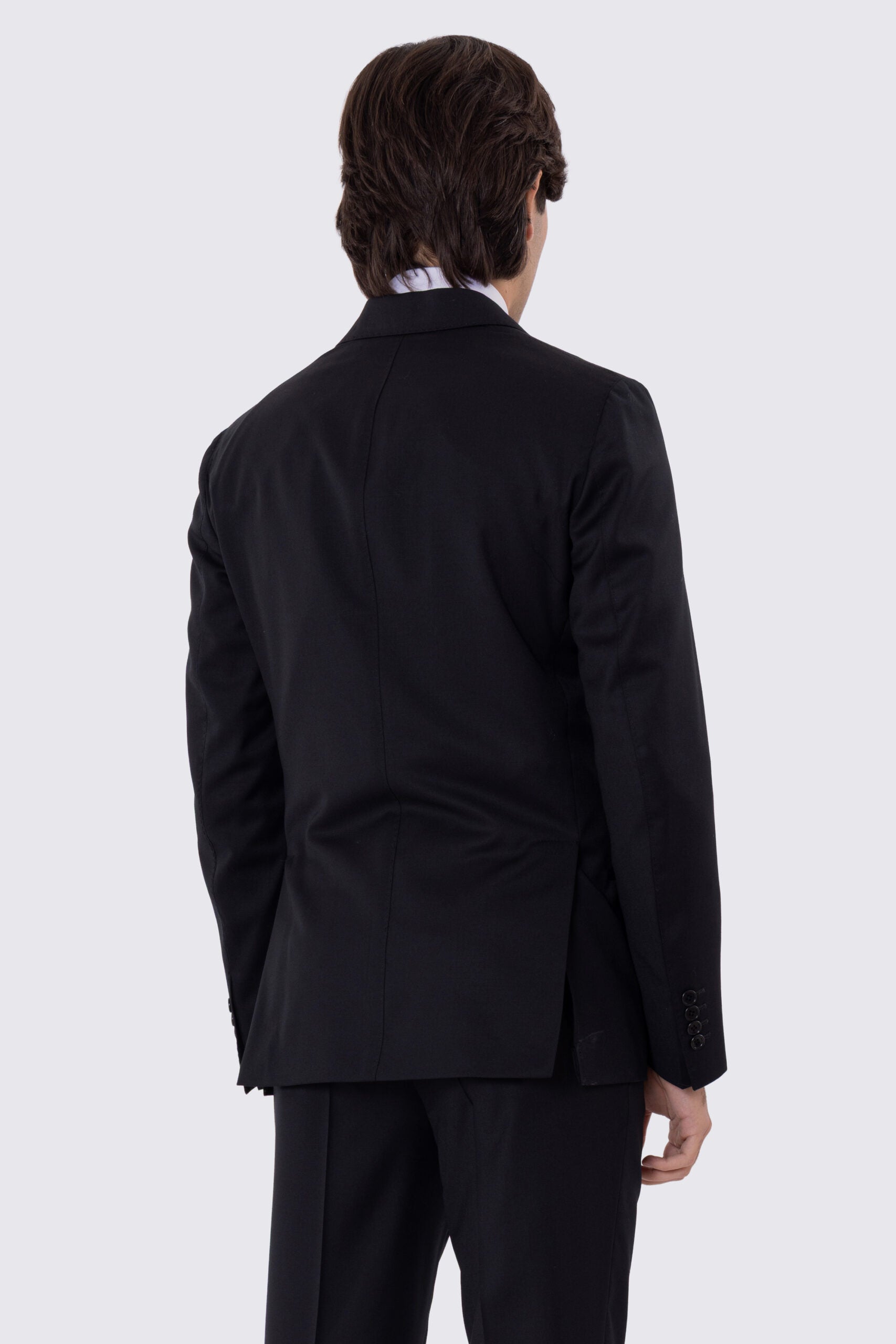 Abito uomo Monopetto nero fresco lana super 110's Tessuti in esclusiva Sartoria Carillo completamente sfoderato con Rever a lancia e tasche a filetto