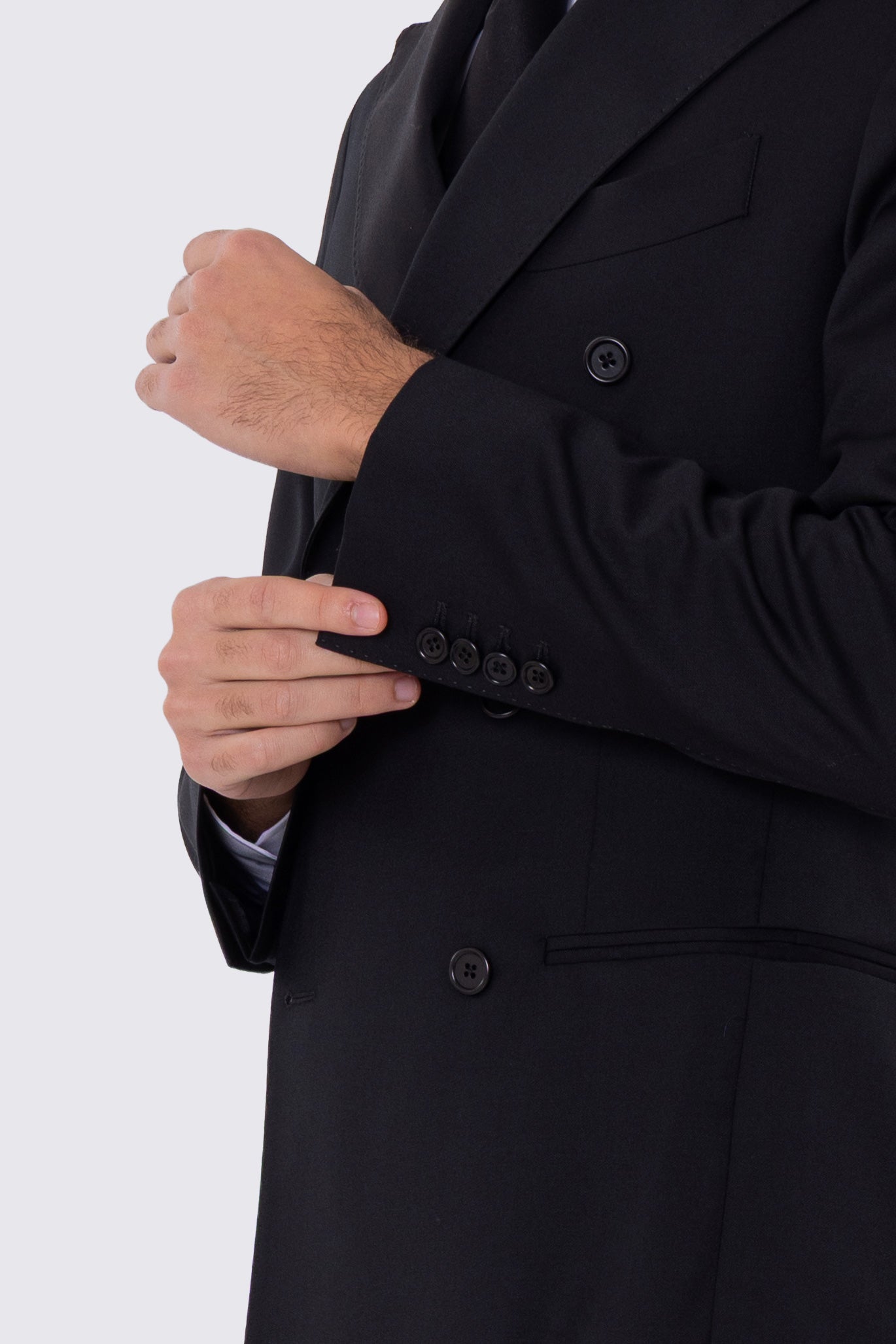 Abito uomo Doppiopetto nero fresco lana super 110's Tessuti in esclusiva Sartoria Carillo completamente sfoderato con Rever a lancia e tasche a filetto