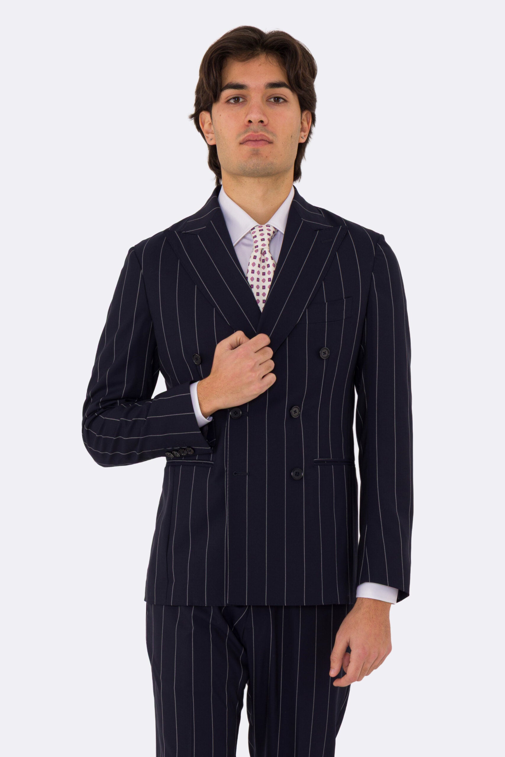 Abito uomo Doppiopetto blu gessato bianco fresco lana super 110's Tessuti in esclusiva Sartoria Carillo completamente sfoderato con Rever a lancia e tasche a filetto