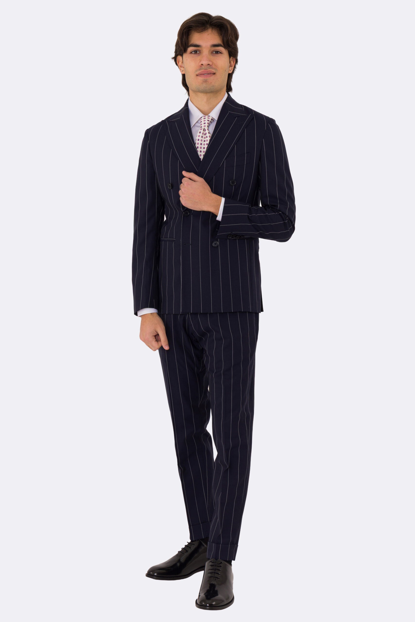 Abito uomo Doppiopetto blu gessato bianco fresco lana super 110's Tessuti in esclusiva Sartoria Carillo completamente sfoderato con Rever a lancia e tasche a filetto