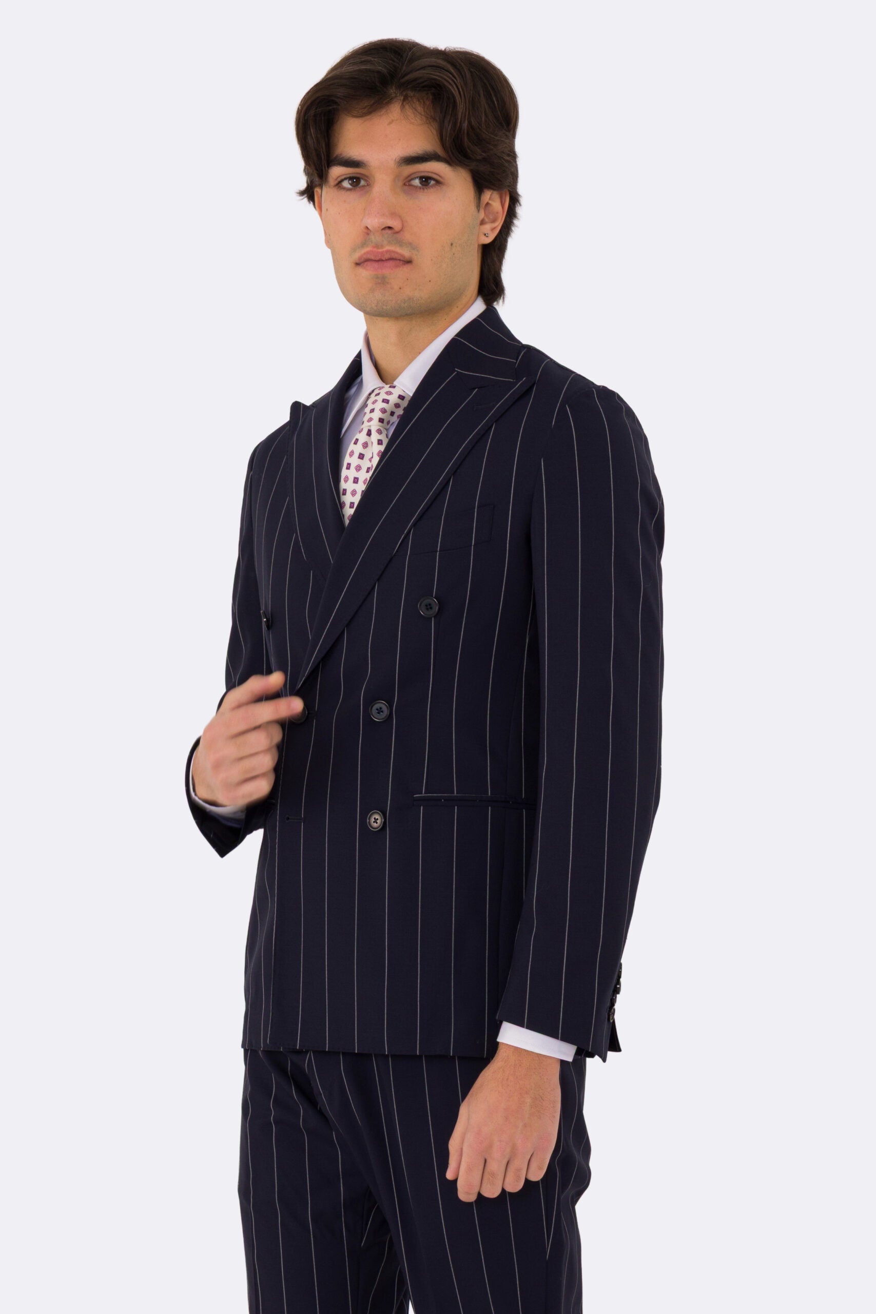 Abito uomo Doppiopetto blu gessato bianco fresco lana super 110's Tessuti in esclusiva Sartoria Carillo completamente sfoderato con Rever a lancia e tasche a filetto