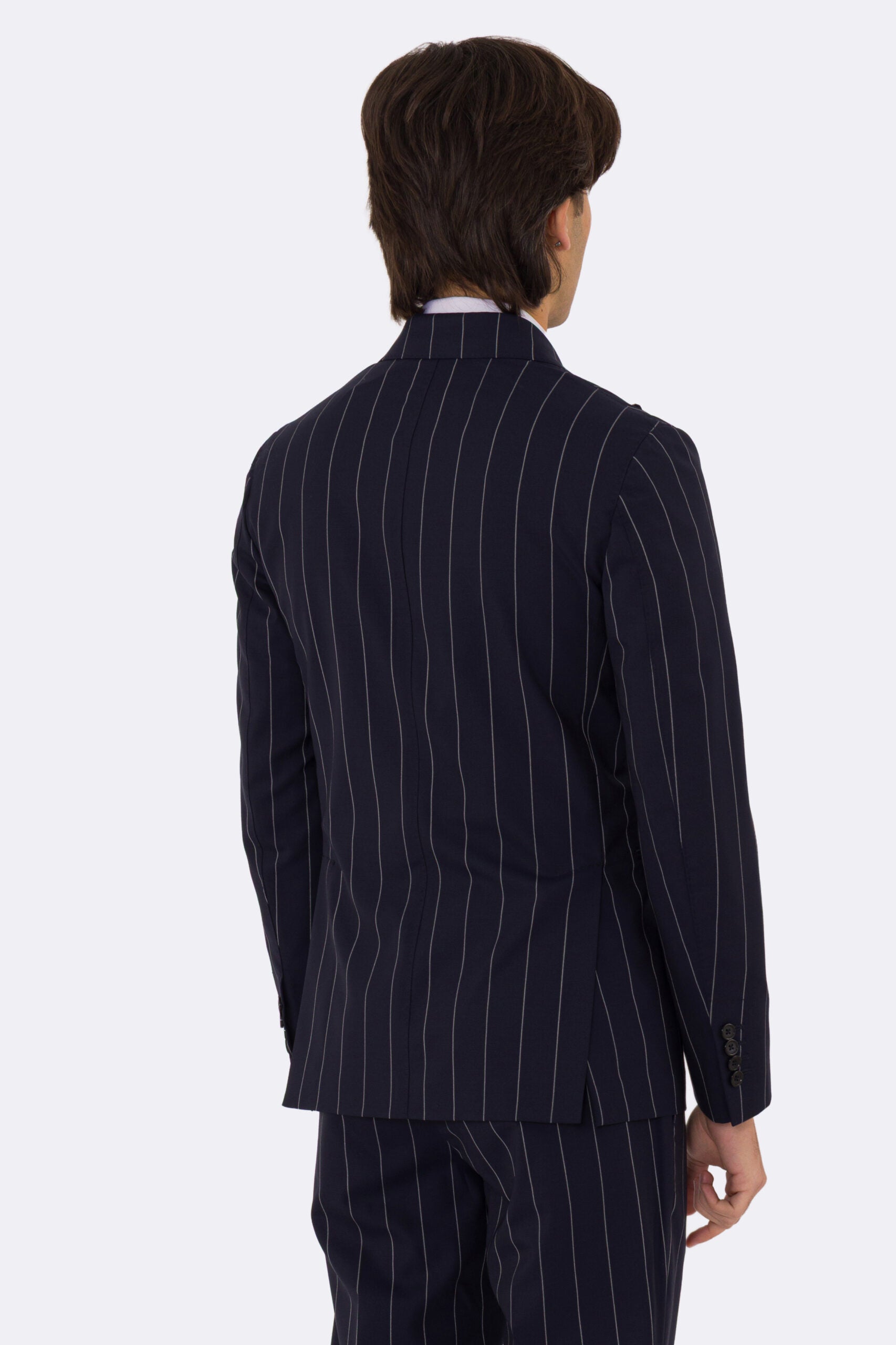 Abito uomo Doppiopetto blu gessato bianco fresco lana super 110's Tessuti in esclusiva Sartoria Carillo completamente sfoderato con Rever a lancia e tasche a filetto