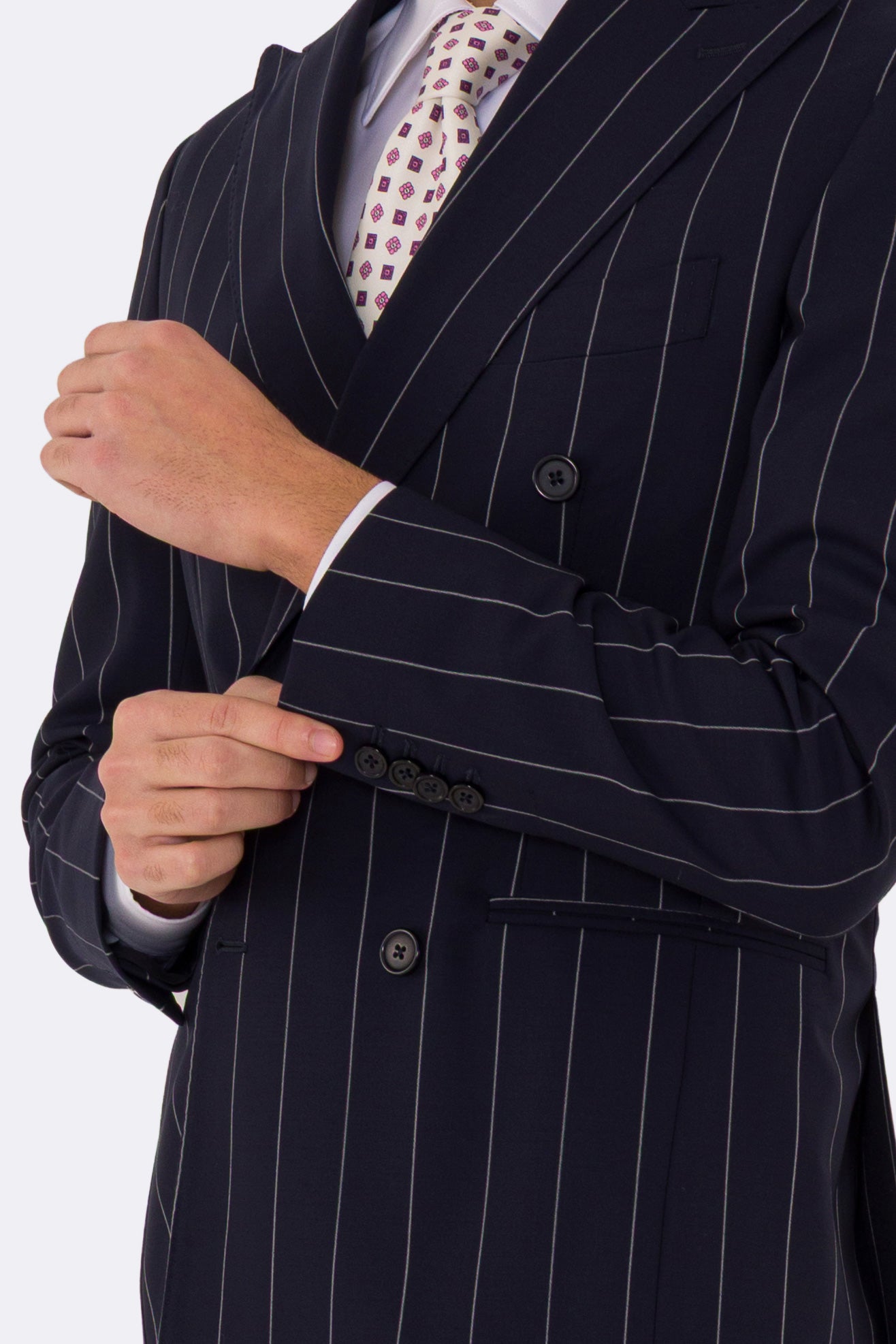 Abito uomo Doppiopetto blu gessato bianco fresco lana super 110's Tessuti in esclusiva Sartoria Carillo completamente sfoderato con Rever a lancia e tasche a filetto