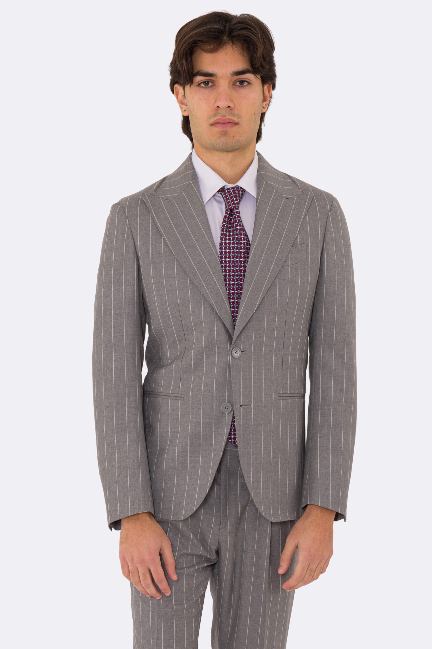 Abito uomo Monopetto grigio gessato bianco fresco lana super 110's Tessuti in esclusiva Sartoria Carillo completamente sfoderato con Rever a lancia e tasche a filetto