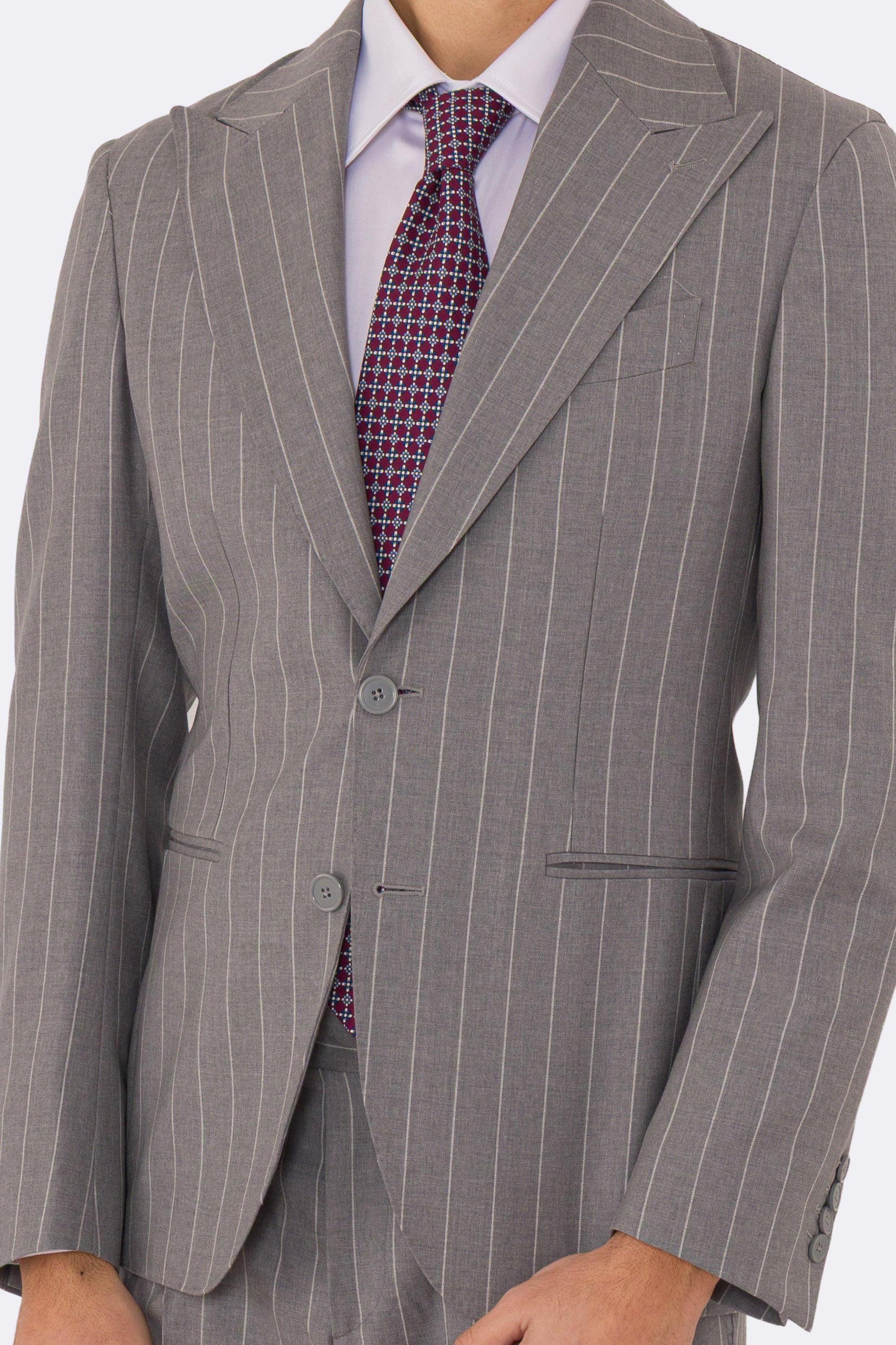 Abito uomo Monopetto grigio gessato bianco fresco lana super 110's Tessuti in esclusiva Sartoria Carillo completamente sfoderato con Rever a lancia e tasche a filetto
