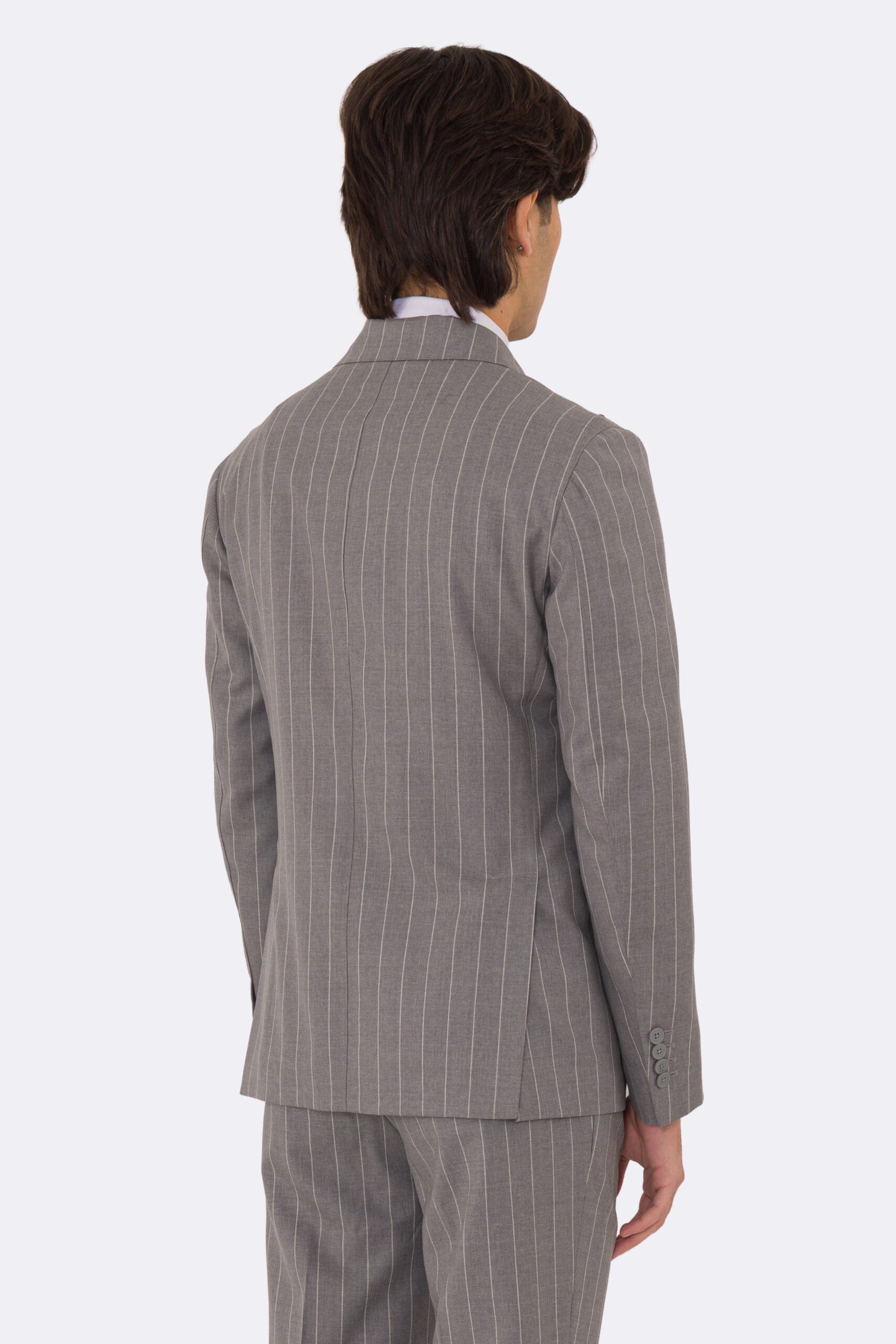 Abito uomo Monopetto grigio gessato bianco fresco lana super 110's Tessuti in esclusiva Sartoria Carillo completamente sfoderato con Rever a lancia e tasche a filetto