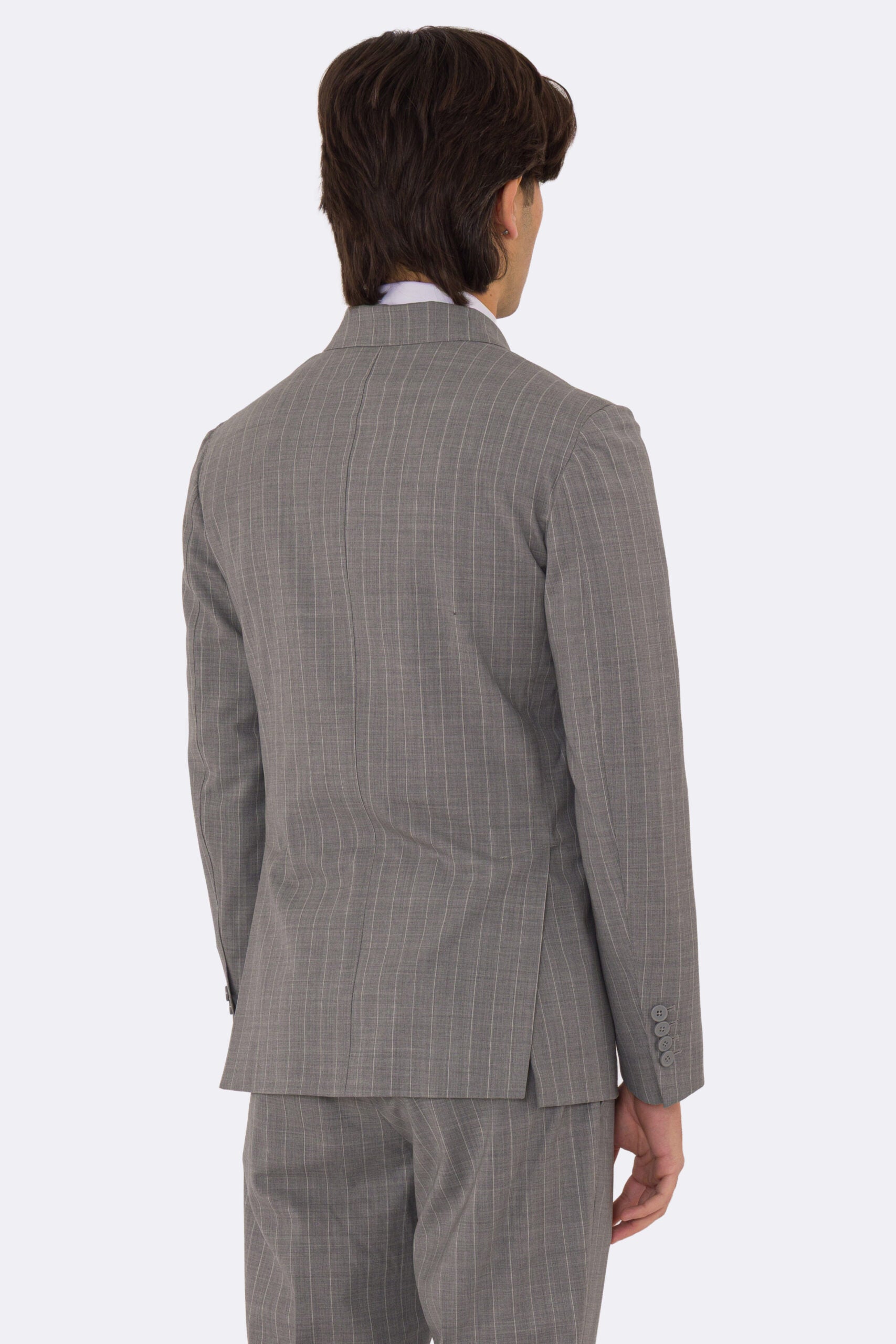 Abito uomo Doppiopetto grigio gessato bianco fresco lana super 110's Tessuti in esclusiva Sartoria Carillo completamente sfoderato con Rever a lancia e tasche a filetto