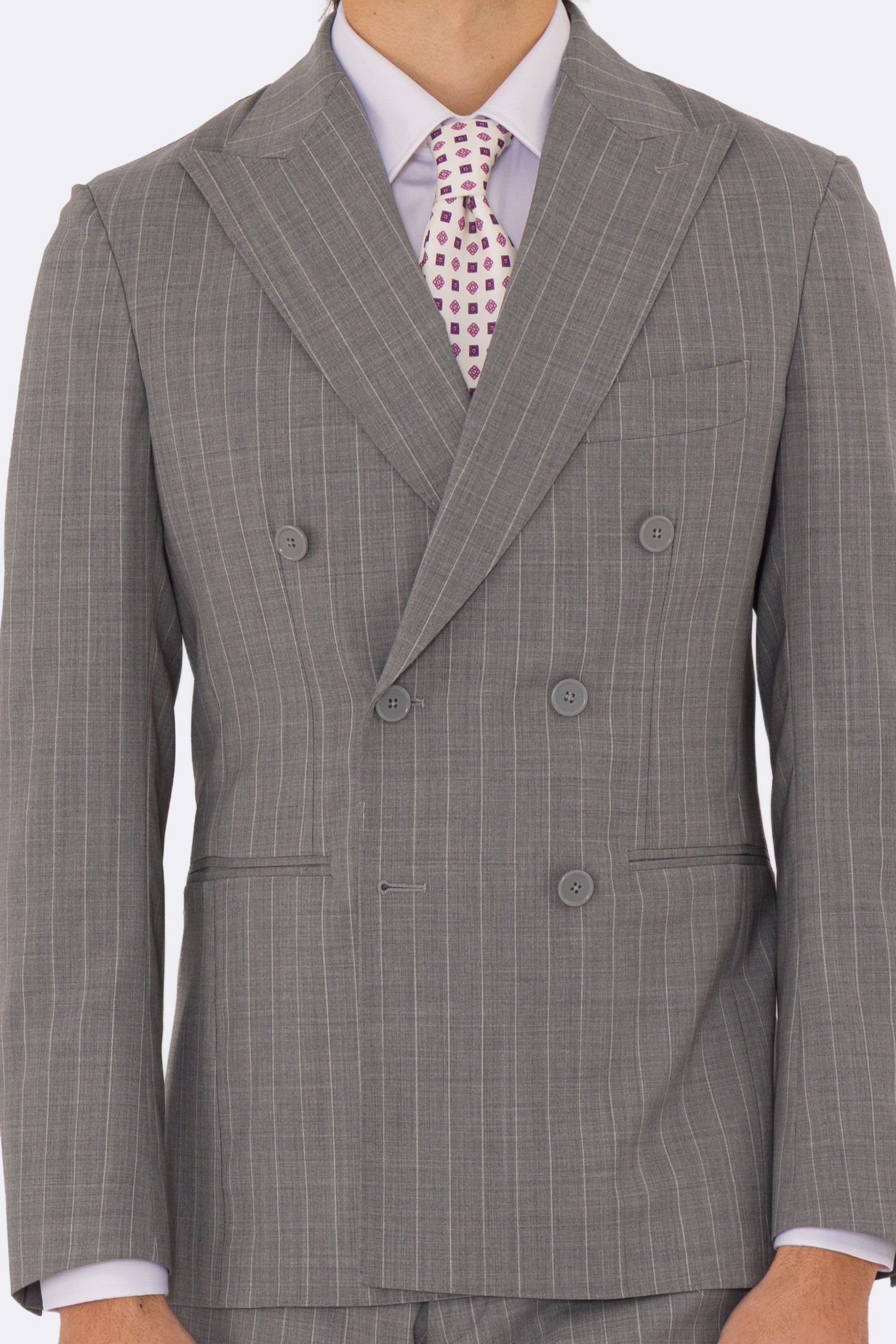 Abito uomo Doppiopetto grigio gessato bianco fresco lana super 110's Tessuti in esclusiva Sartoria Carillo completamente sfoderato con Rever a lancia e tasche a filetto