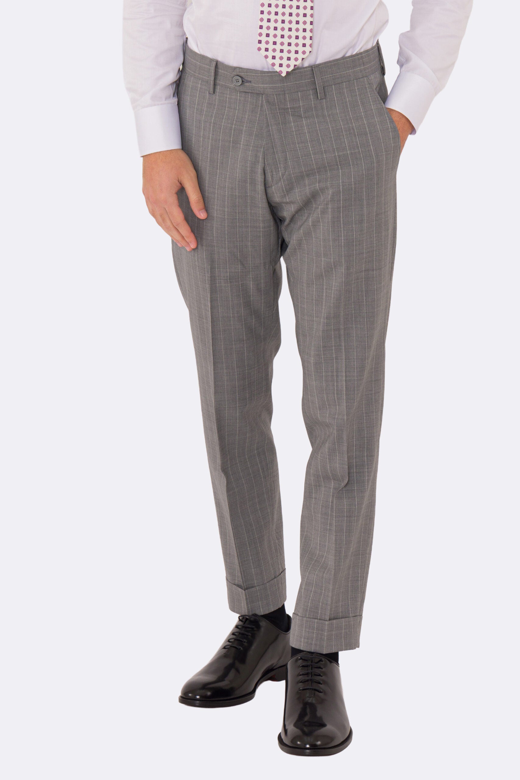 Abito uomo Doppiopetto grigio gessato bianco fresco lana super 110's Tessuti in esclusiva Sartoria Carillo completamente sfoderato con Rever a lancia e tasche a filetto