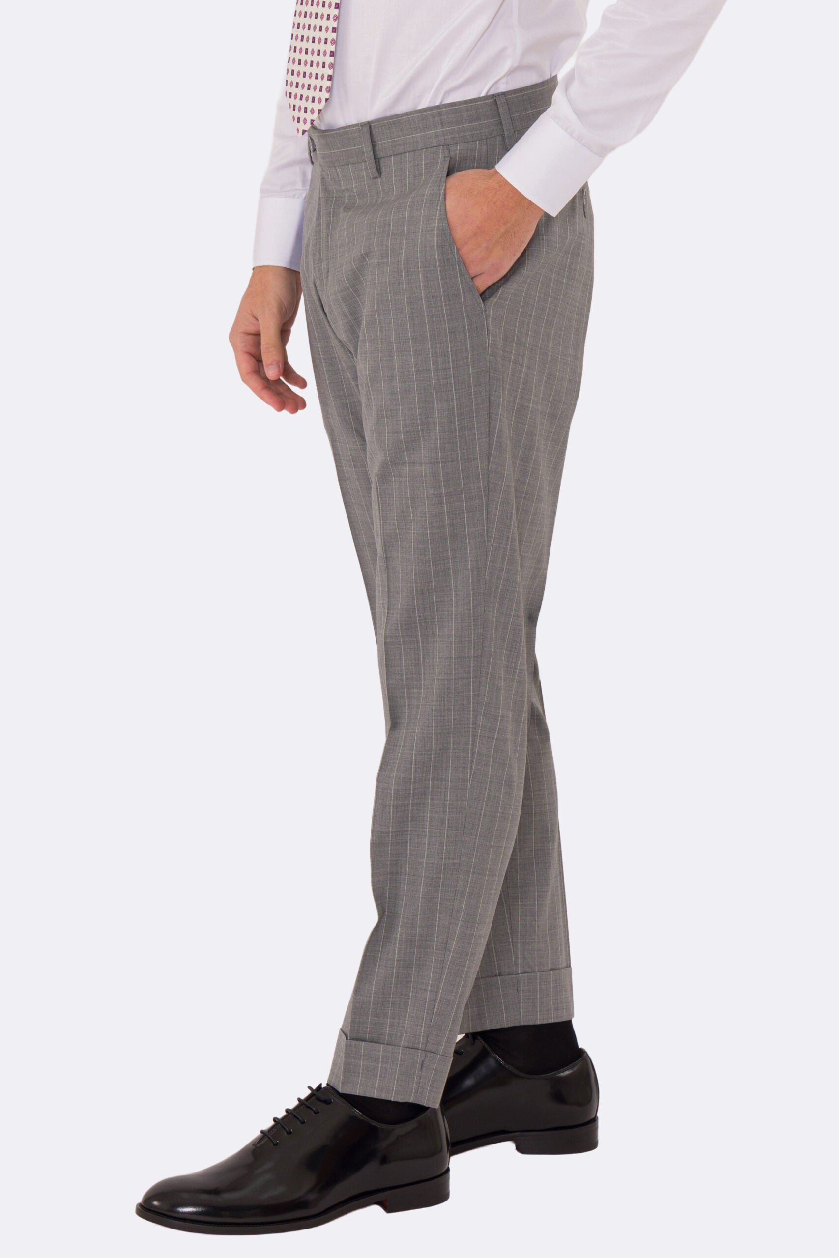 Abito uomo Doppiopetto grigio gessato bianco fresco lana super 110's Tessuti in esclusiva Sartoria Carillo completamente sfoderato con Rever a lancia e tasche a filetto