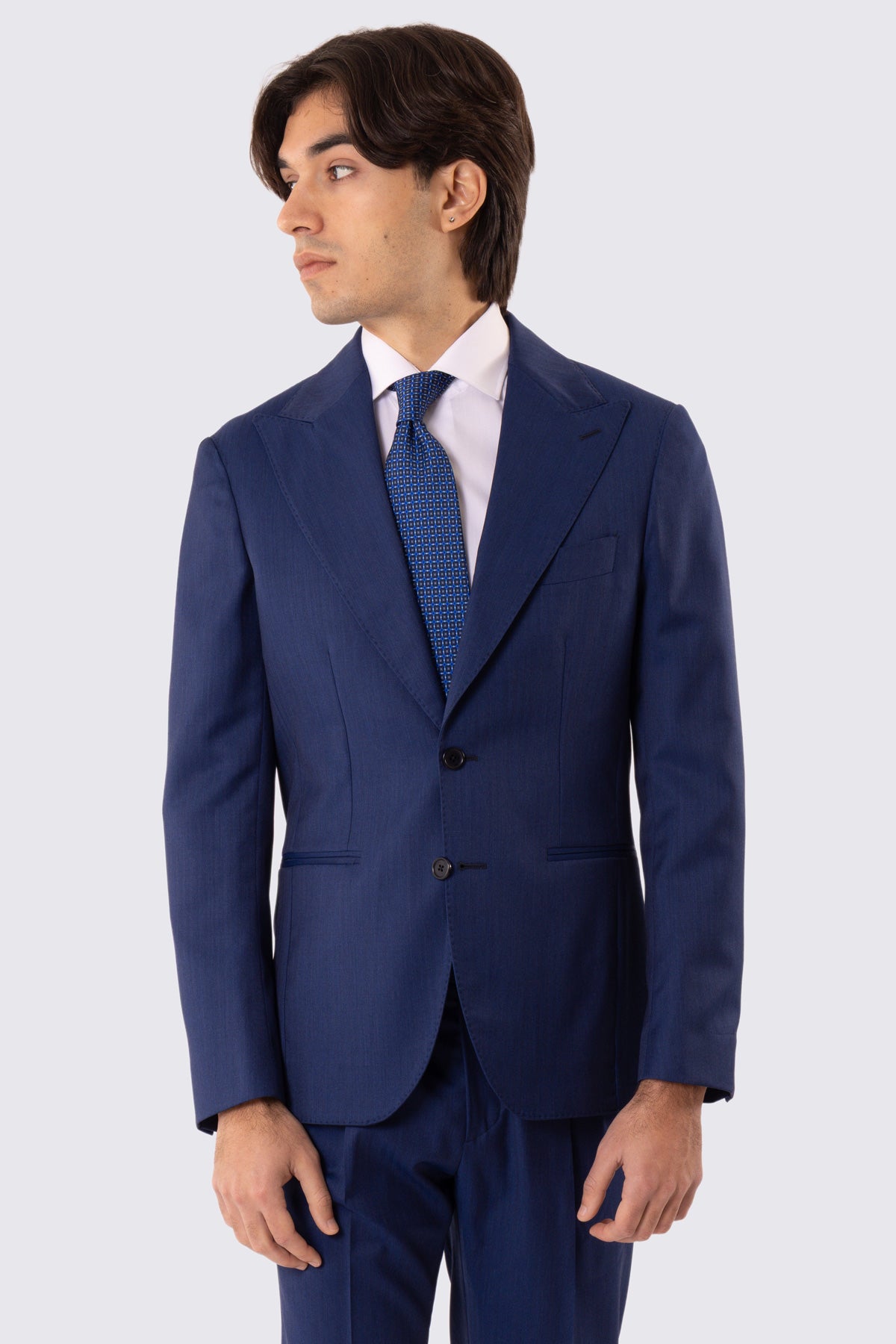Abito uomo Monopetto blu Solaro fresco lana super 110's Tessuti in esclusiva Sartoria Carillo completamente sfoderato con Rever a lancia e tasche a filetto