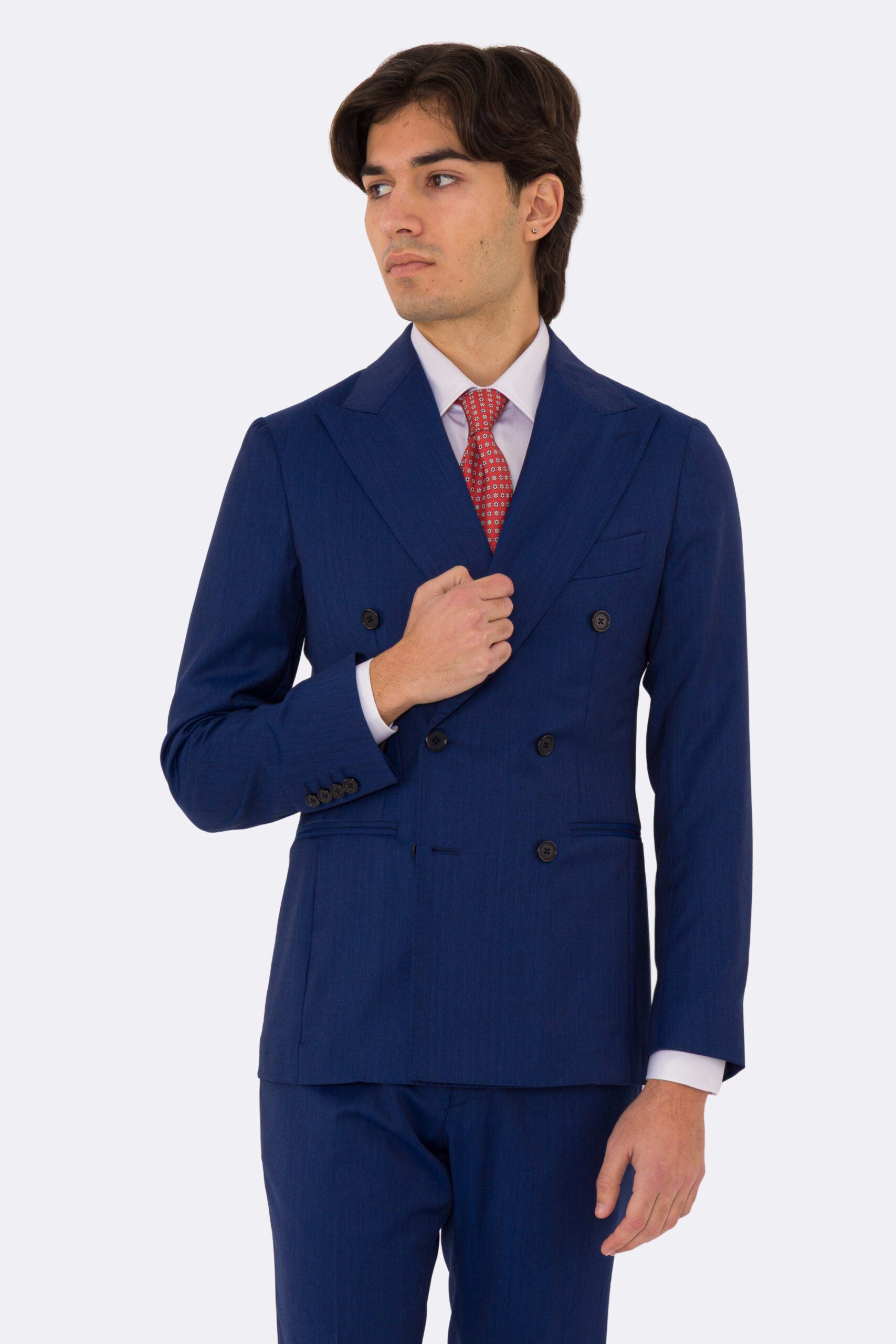 Abito uomo Doppiopetto blu Solaro fresco lana super 110's Tessuti in esclusiva Sartoria Carillo completamente sfoderato con Rever a lancia e tasche a filetto