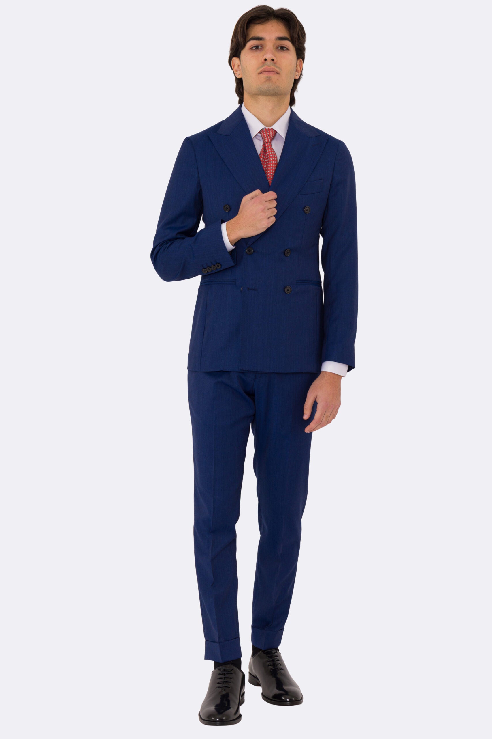 Abito uomo Doppiopetto blu Solaro fresco lana super 110's Tessuti in esclusiva Sartoria Carillo completamente sfoderato con Rever a lancia e tasche a filetto