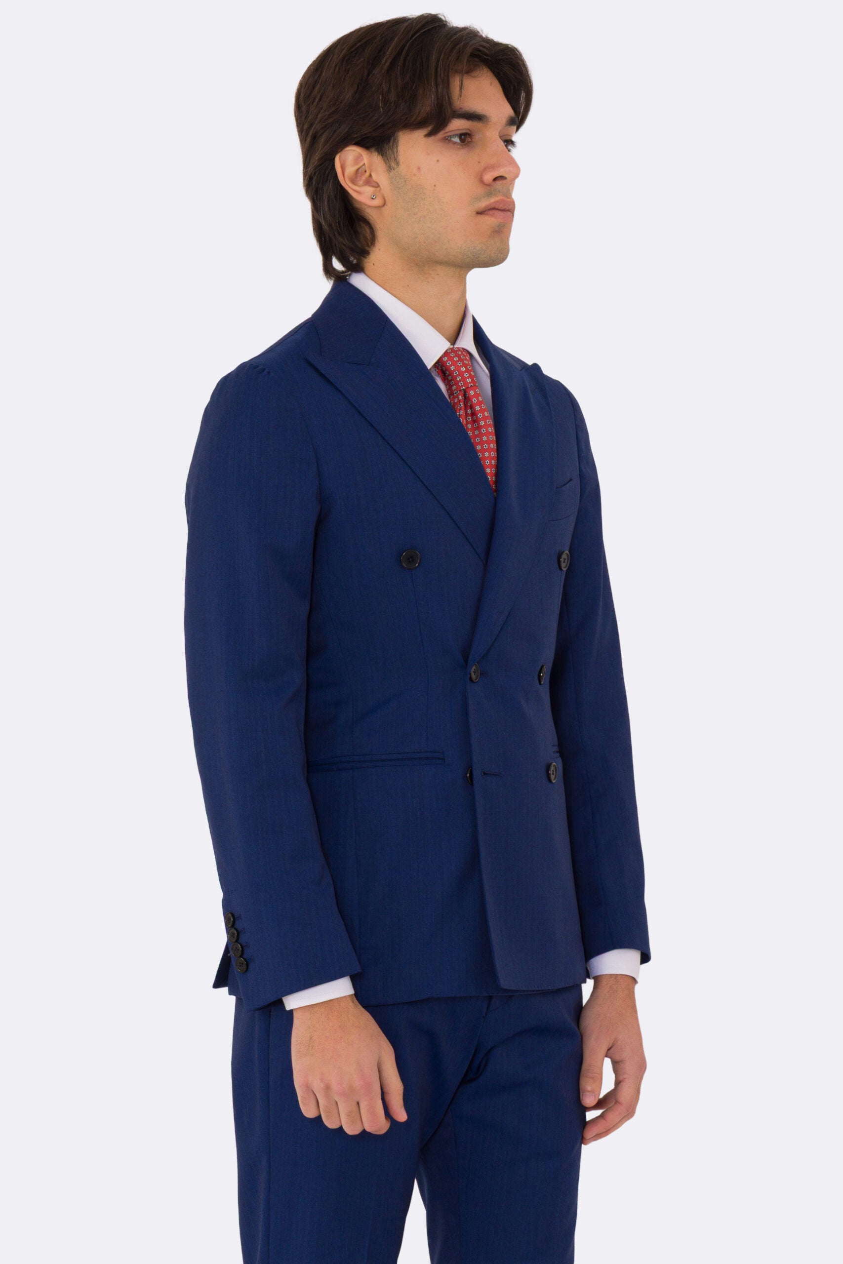 Abito uomo Doppiopetto blu Solaro fresco lana super 110's Tessuti in esclusiva Sartoria Carillo completamente sfoderato con Rever a lancia e tasche a filetto