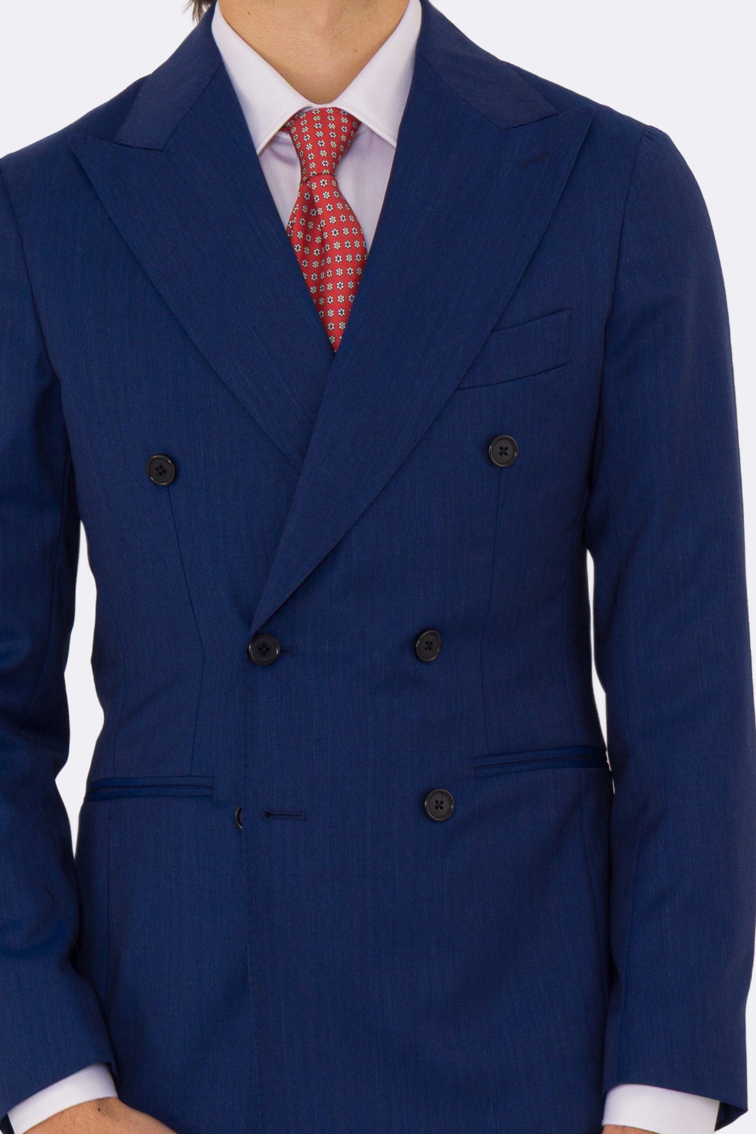 Abito uomo Doppiopetto blu Solaro fresco lana super 110's Tessuti in esclusiva Sartoria Carillo completamente sfoderato con Rever a lancia e tasche a filetto