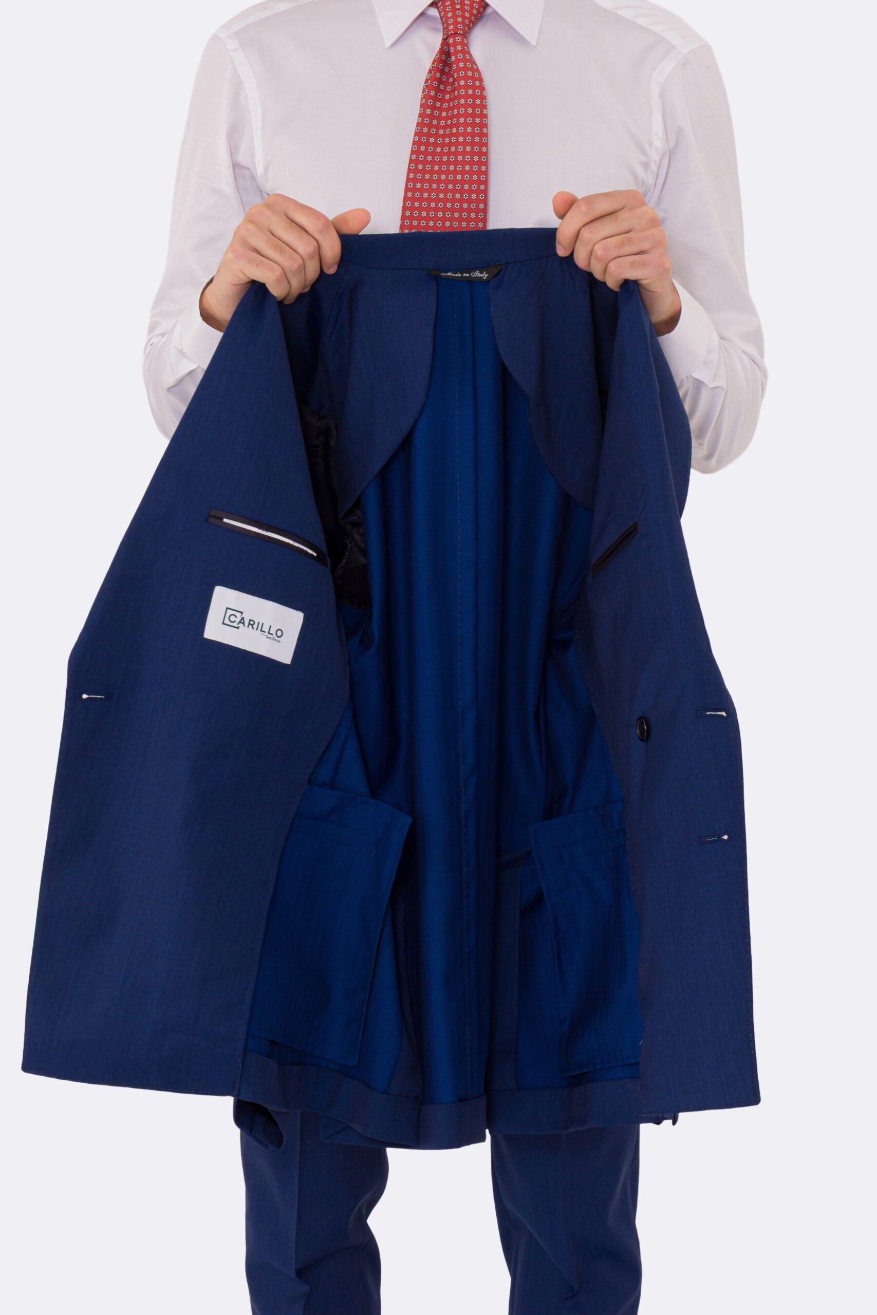 Abito uomo Doppiopetto blu Solaro fresco lana super 110's Tessuti in esclusiva Sartoria Carillo completamente sfoderato con Rever a lancia e tasche a filetto