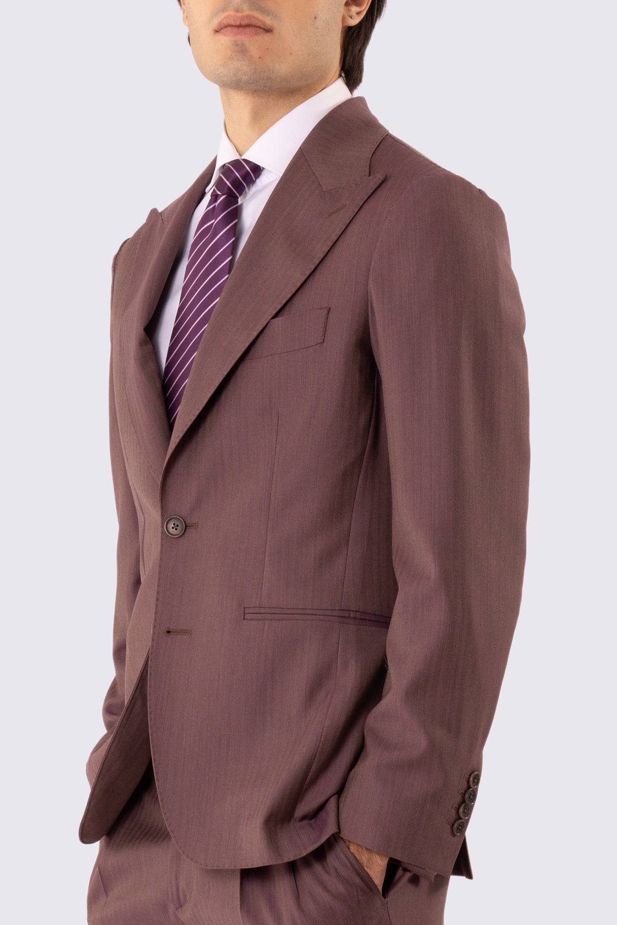 Abito uomo Monopetto color cipolla Solaro fresco lana super 110's Tessuti in esclusiva Sartoria Carillo completamente sfoderato con Rever a lancia e tasche a filetto