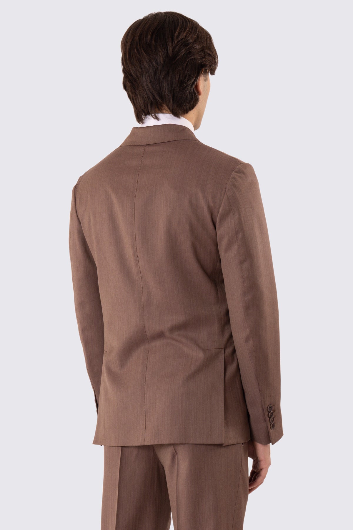 Abito uomo Monopetto Marrone Solaro fresco lana super 110's Tessuti in esclusiva Sartoria Carillo completamente sfoderato con Rever a lancia e tasche a filetto