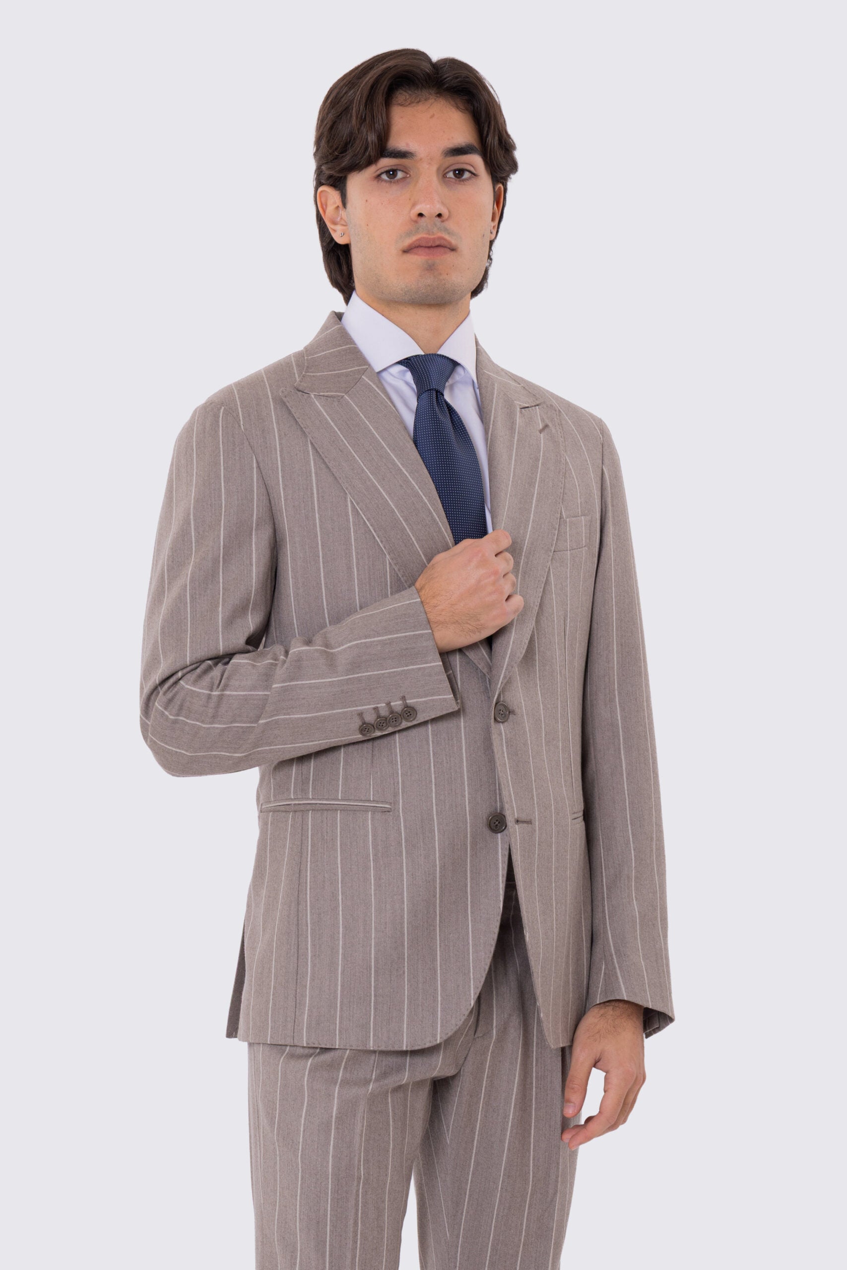 Abito da uomo Monopetto Beige gessato bianco in lana flanella Bristol tessuti napoli sfoderata Rever a lancia tasche a filo