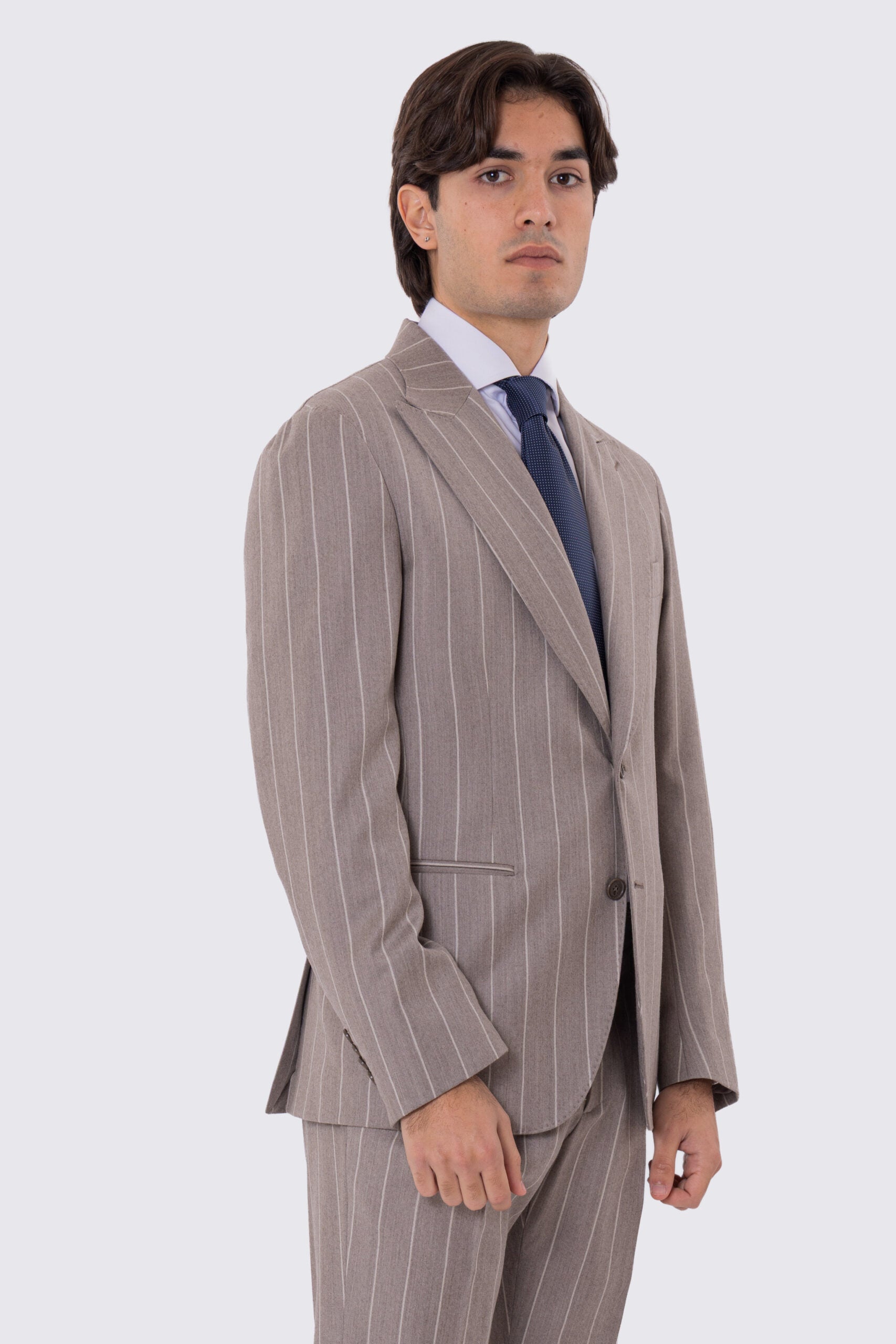 Abito da uomo Monopetto Beige gessato bianco in lana flanella Bristol tessuti napoli sfoderata Rever a lancia tasche a filo