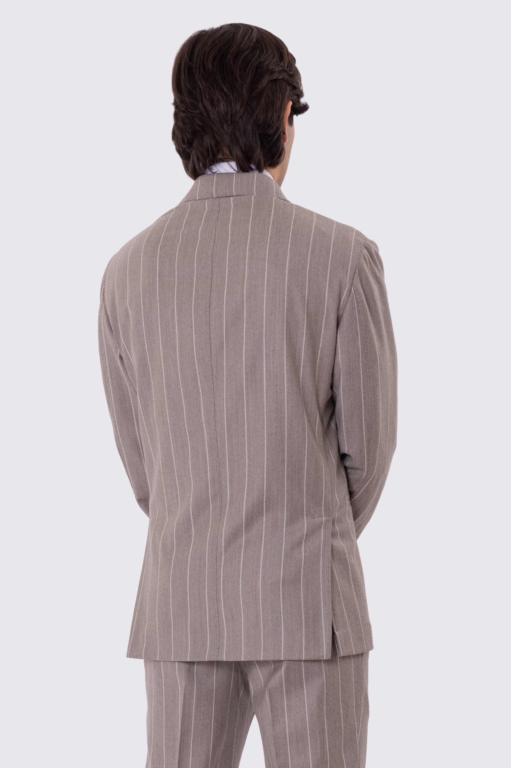 Abito da uomo Monopetto Beige gessato bianco in lana flanella Bristol tessuti napoli sfoderata Rever a lancia tasche a filo