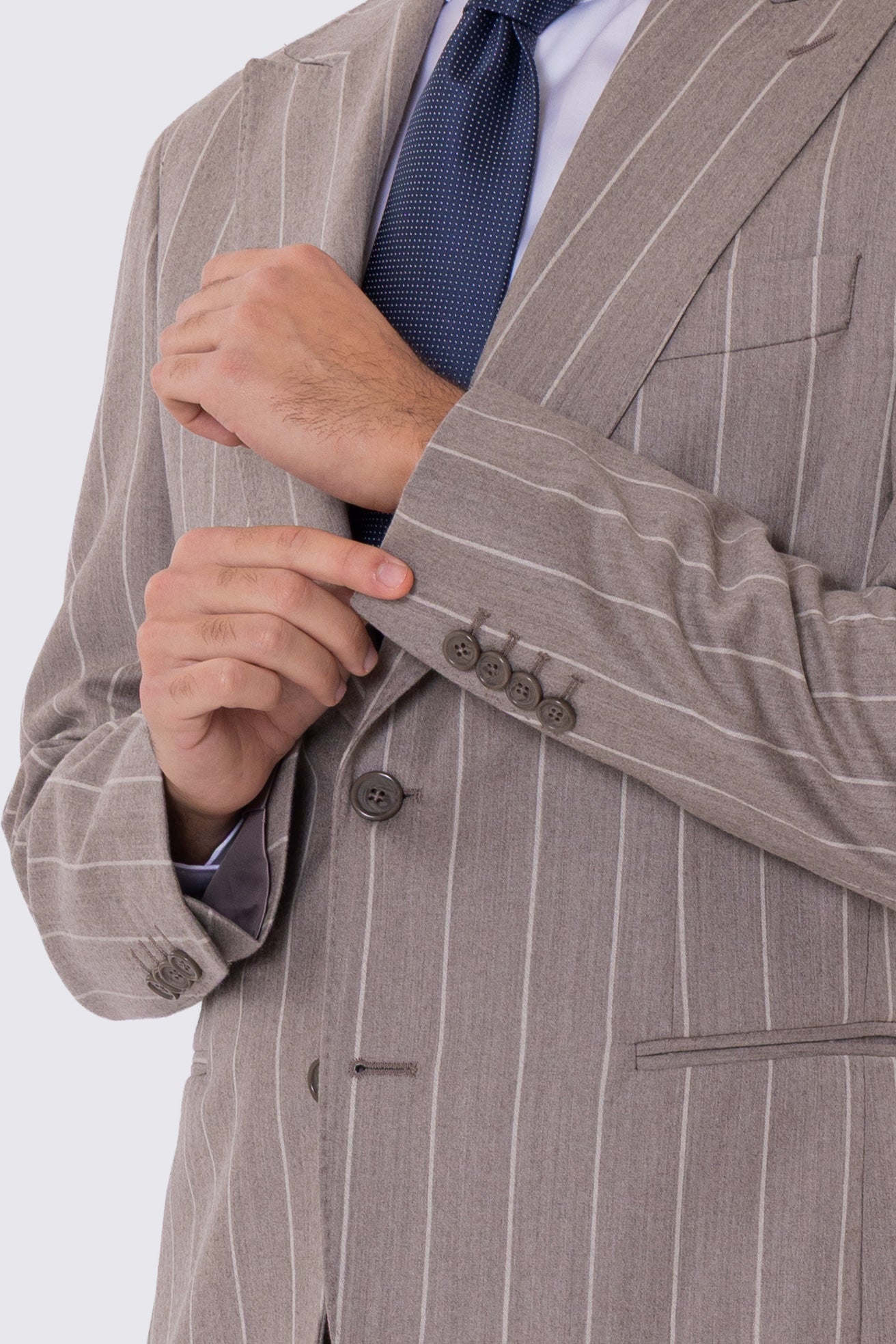 Abito da uomo Monopetto Beige gessato bianco in lana flanella Bristol tessuti napoli sfoderata Rever a lancia tasche a filo