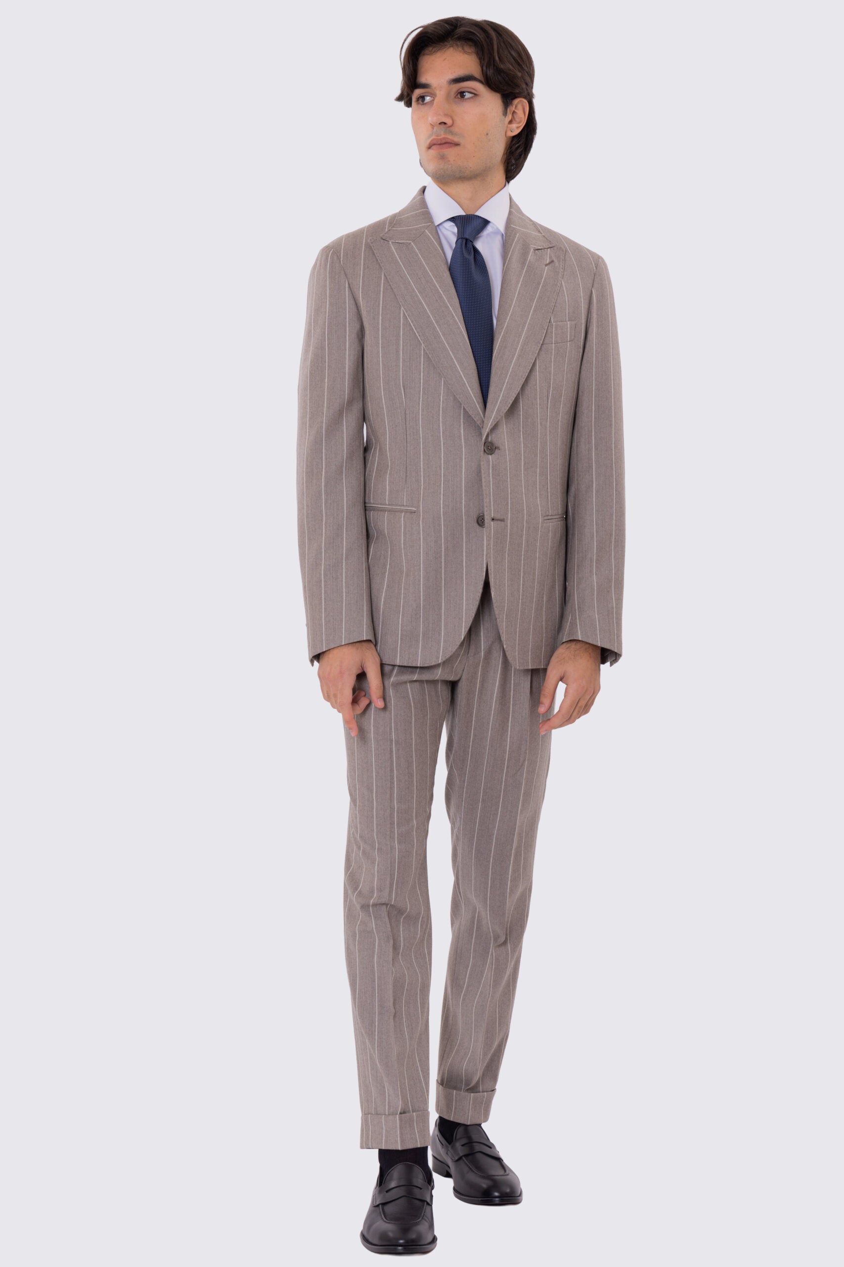 Abito da uomo Monopetto Beige gessato bianco in lana flanella Bristol tessuti napoli sfoderata Rever a lancia tasche a filo