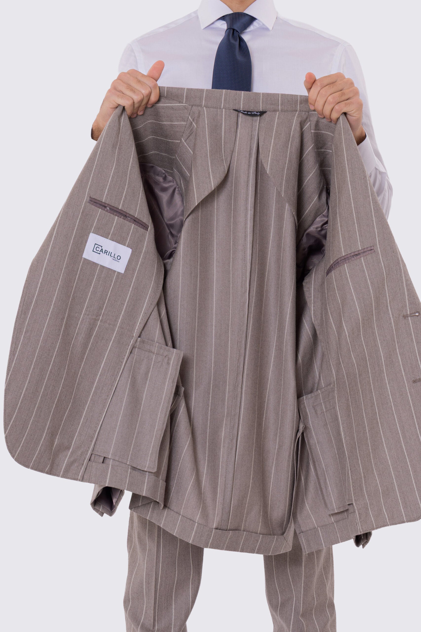 Abito da uomo Monopetto Beige gessato bianco in lana flanella Bristol tessuti napoli sfoderata Rever a lancia tasche a filo