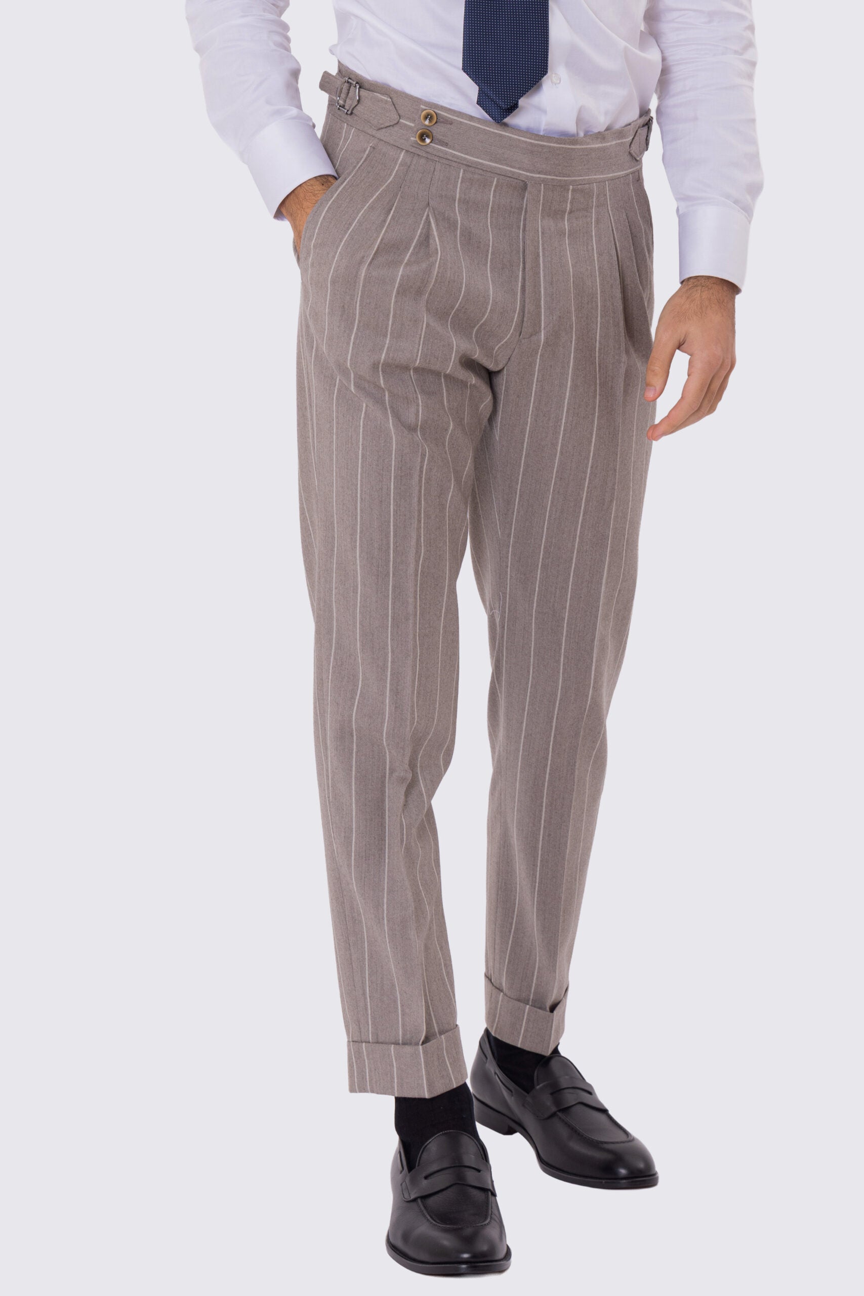 Abito da uomo Monopetto Beige gessato bianco in lana flanella Bristol tessuti napoli sfoderata Rever a lancia tasche a filo