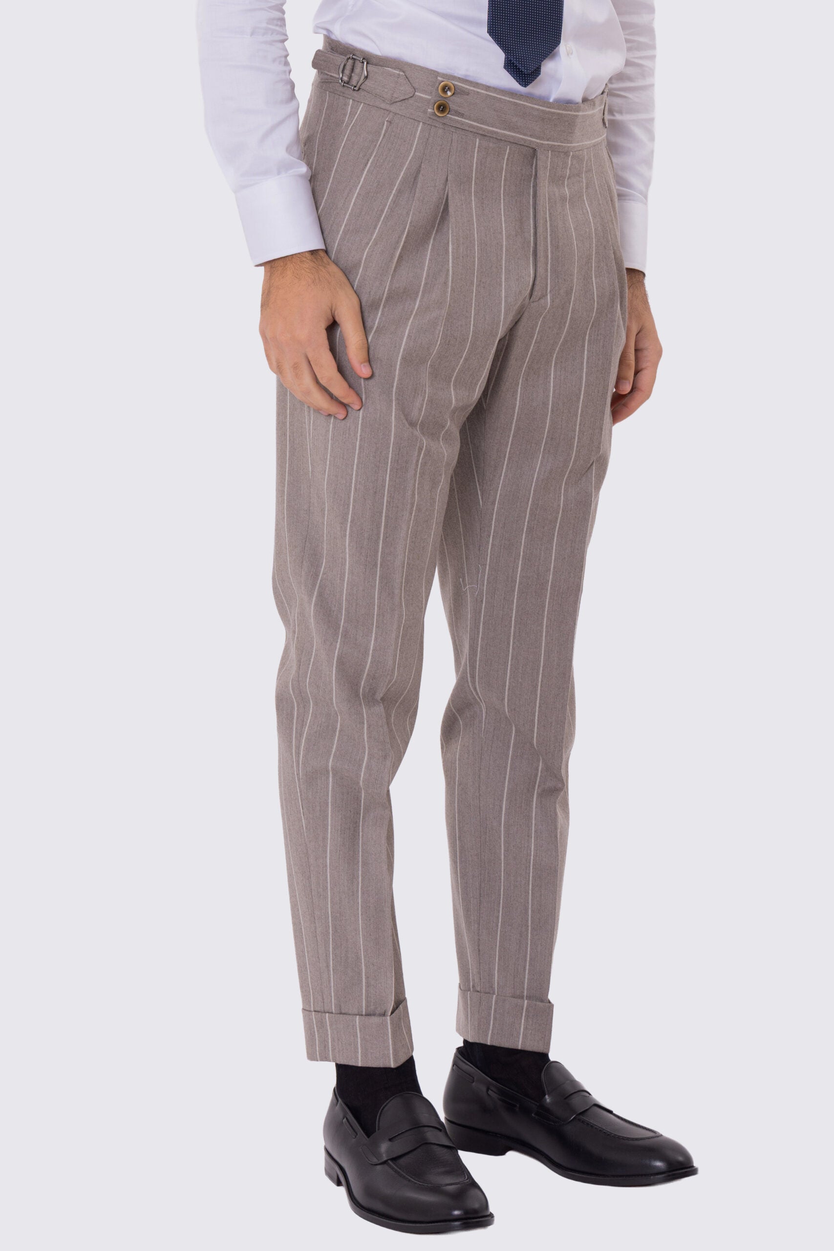 Abito da uomo Monopetto Beige gessato bianco in lana flanella Bristol tessuti napoli sfoderata Rever a lancia tasche a filo