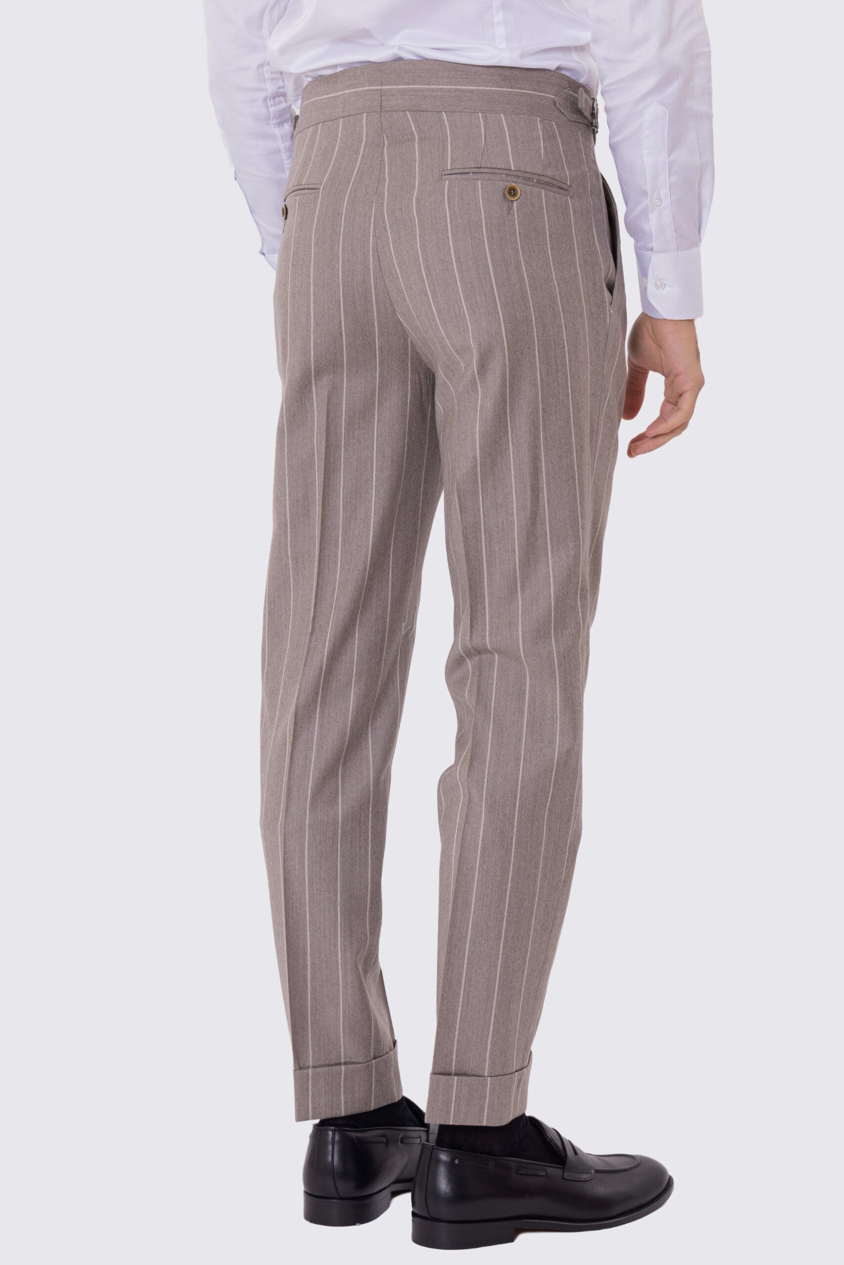Abito da uomo Monopetto Beige gessato bianco in lana flanella Bristol tessuti napoli sfoderata Rever a lancia tasche a filo