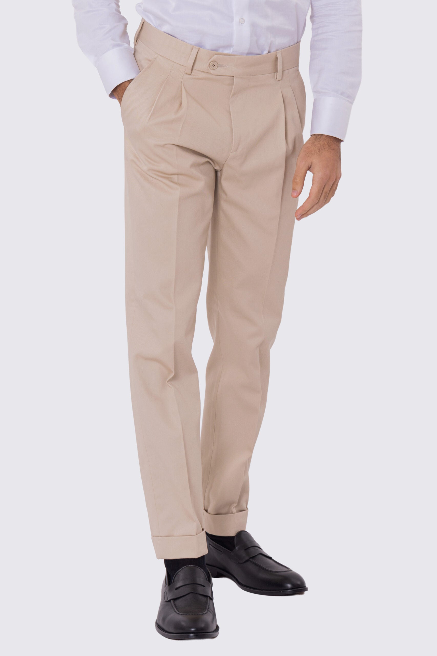 Pantalone uomo beige vita alta con doppia pinces tasca america in cotone 290gr invernale risvolto 5cm made in italy