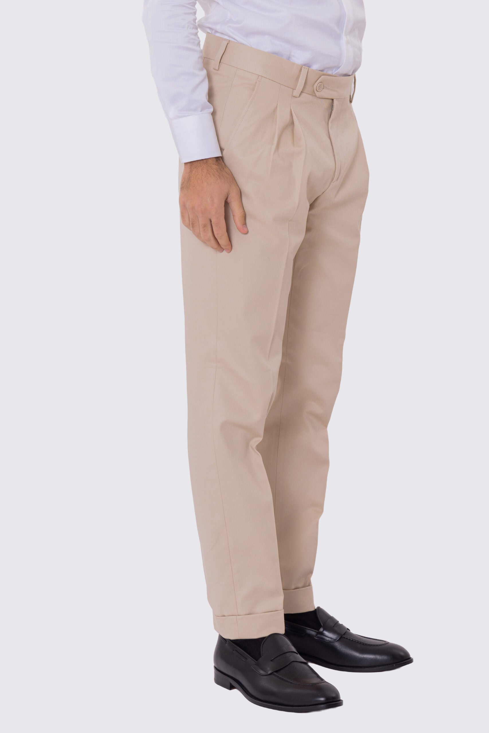 Pantalone uomo beige vita alta con doppia pinces tasca america in cotone 290gr invernale risvolto 5cm made in italy