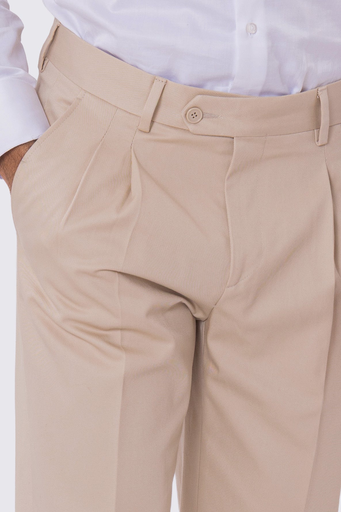 Pantalone uomo beige vita alta con doppia pinces tasca america in cotone 290gr invernale risvolto 5cm made in italy