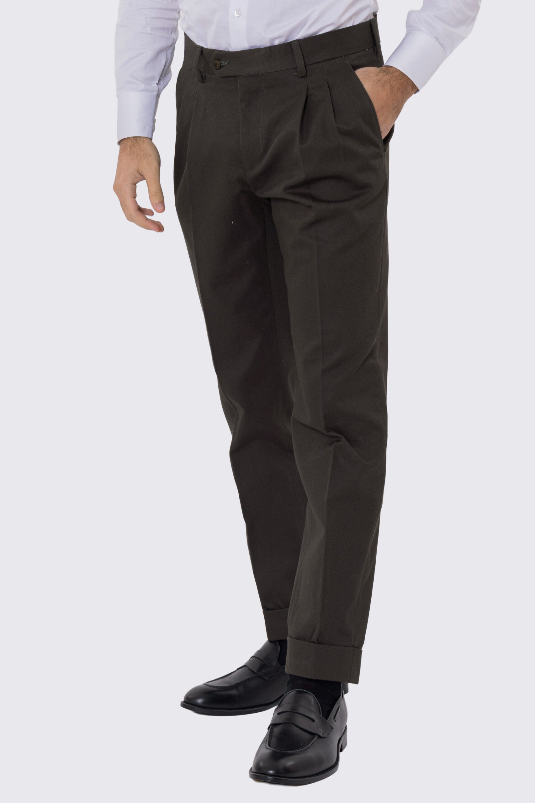 Pantalone uomo Verde militare vita alta con doppia pinces tasca america in cotone 290gr invernale risvolto 5cm made in italy