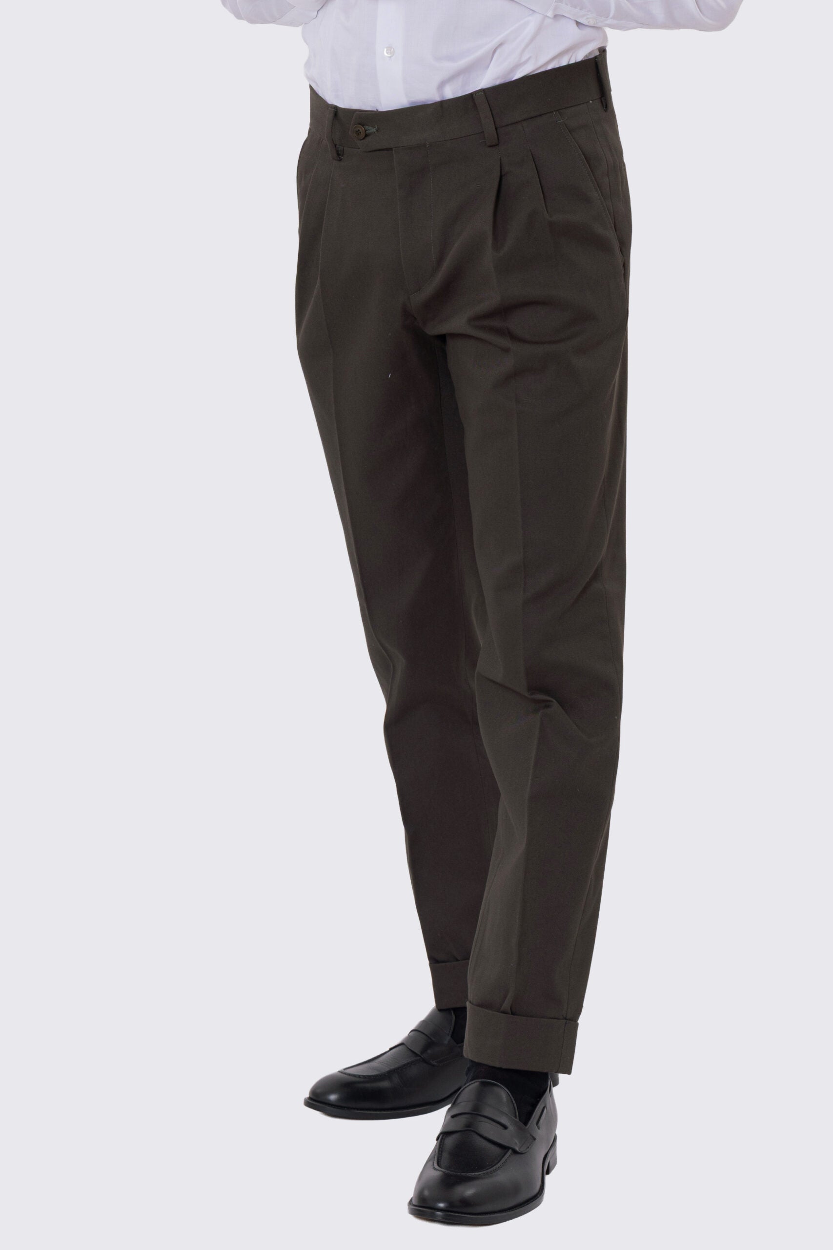 Pantalone uomo Verde militare vita alta con doppia pinces tasca america in cotone 290gr invernale risvolto 5cm made in italy
