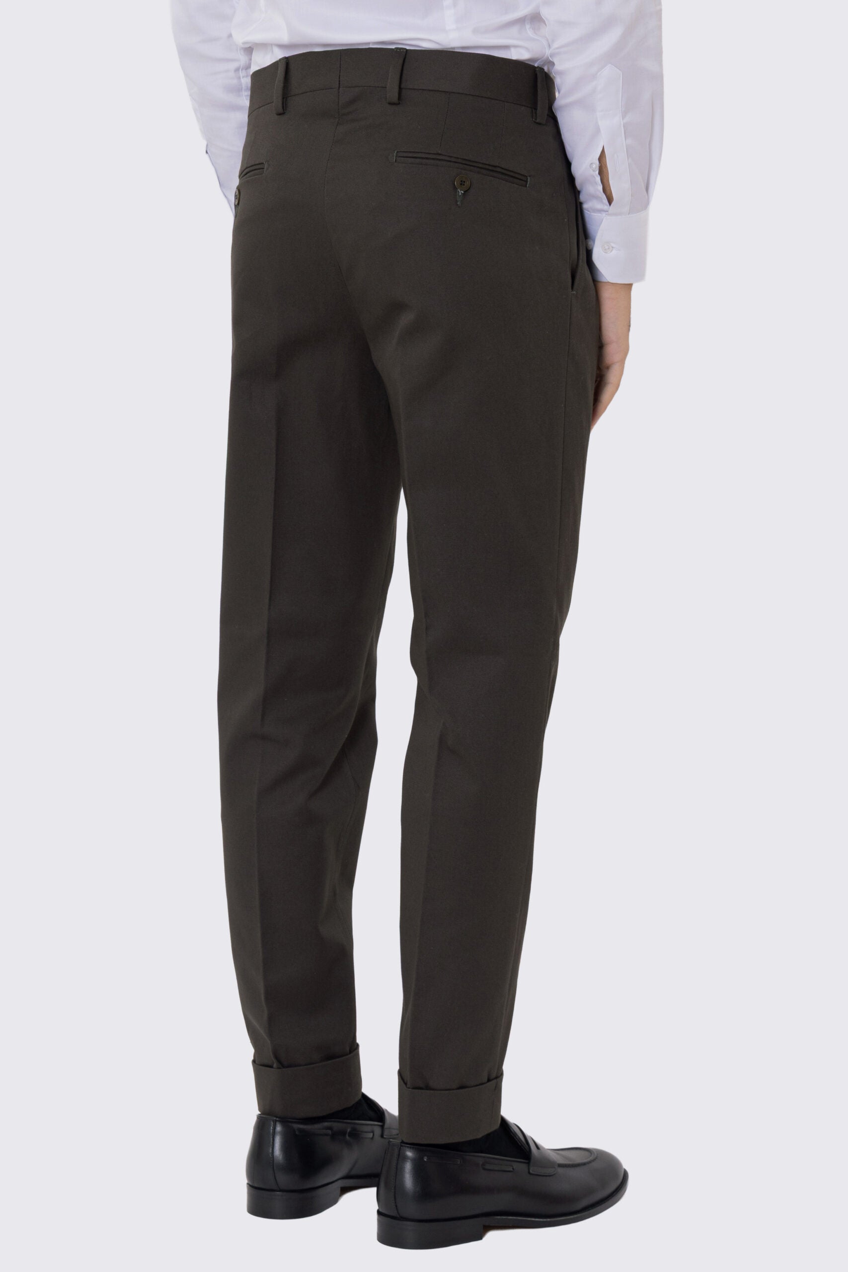 Pantalone uomo Verde militare vita alta con doppia pinces tasca america in cotone 290gr invernale risvolto 5cm made in italy