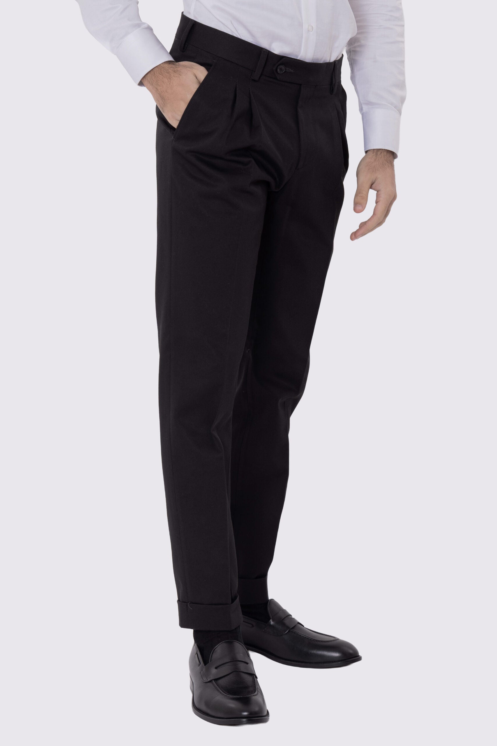 Pantalone uomo Nero vita alta con doppia pinces tasca america in cotone 290gr invernale risvolto 5cm made in italy