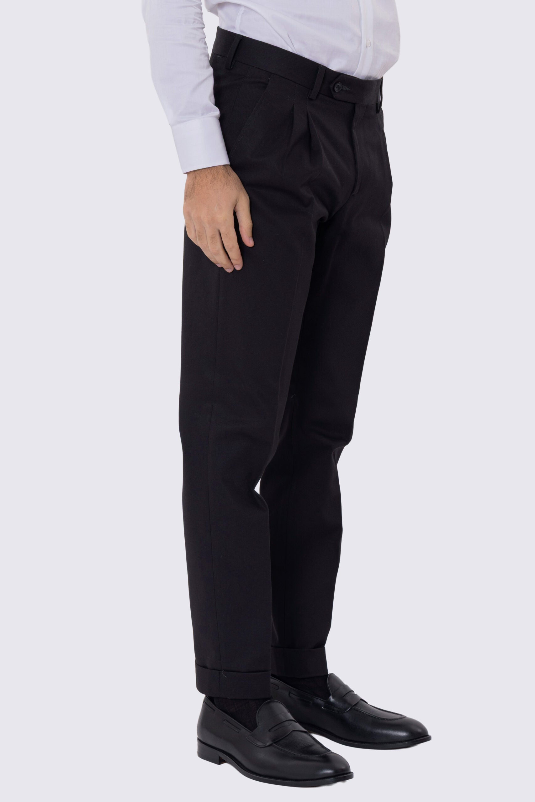 Pantalone uomo Nero vita alta con doppia pinces tasca america in cotone 290gr invernale risvolto 5cm made in italy