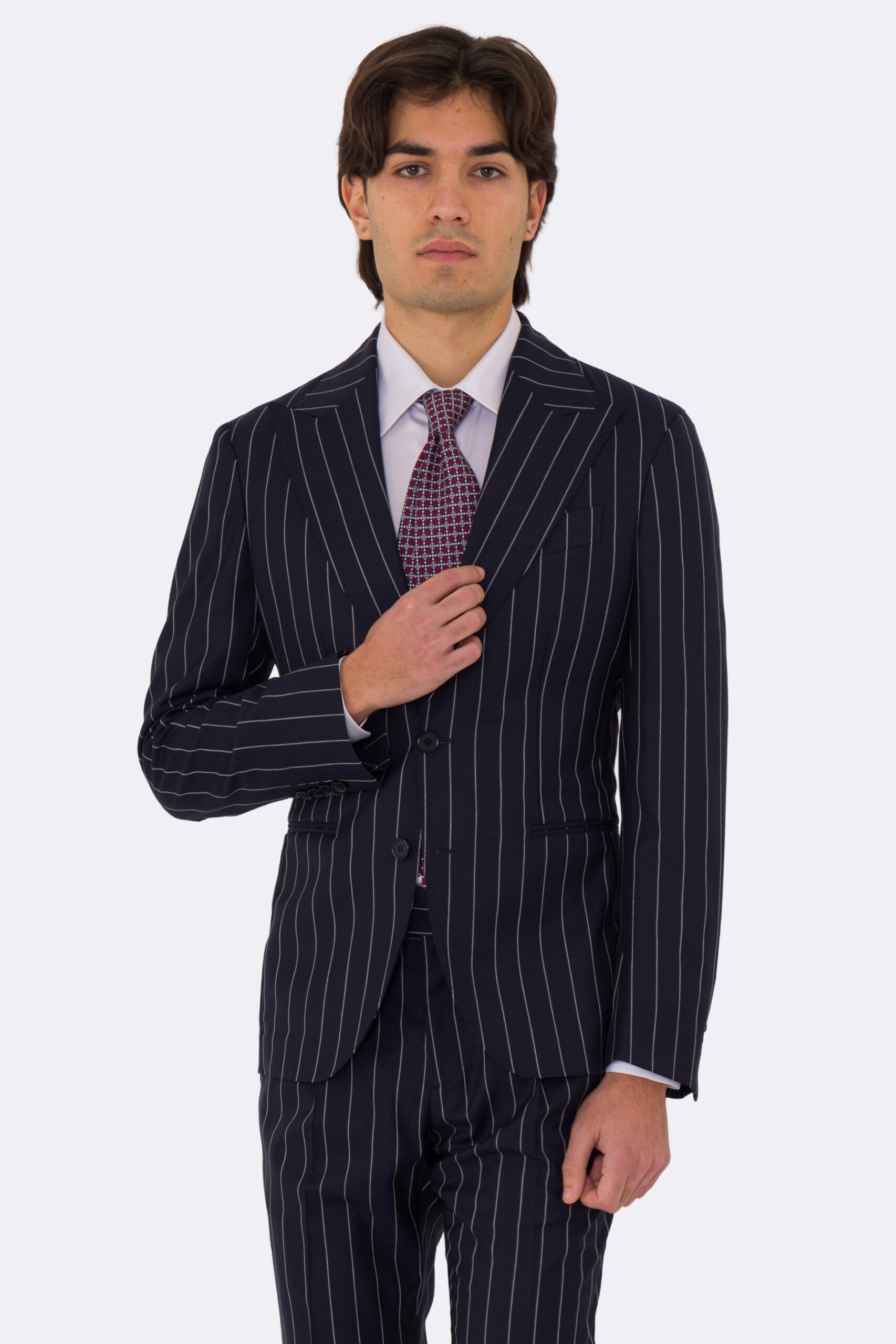 Abito uomo Monopetto Blu gessato fresco lana super 130's double twisted Tessuti Aristo Napoli completamente sfoderato con Rever a lancia e tasche a filetto
