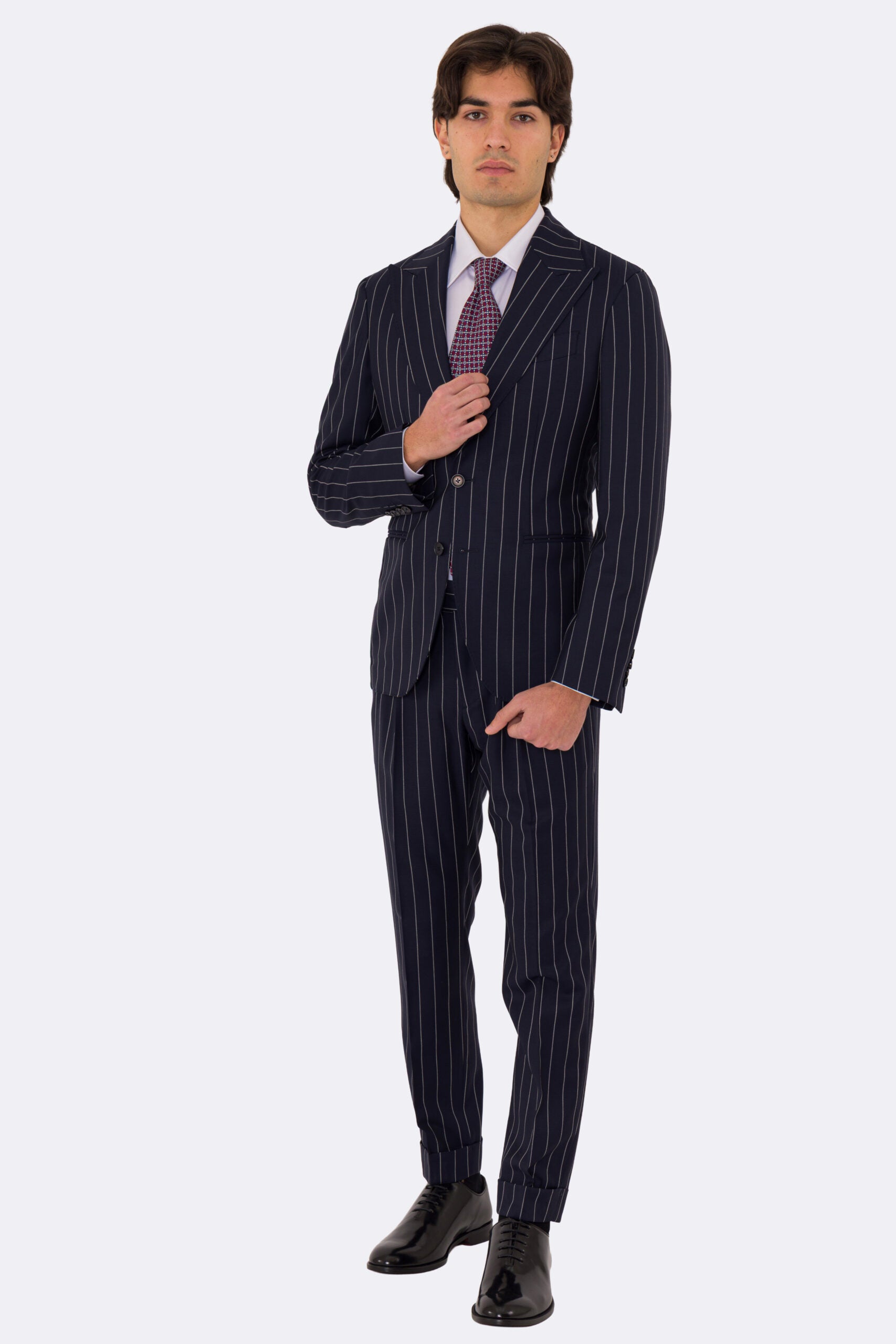 Abito uomo Monopetto Blu gessato fresco lana super 130's double twisted Tessuti Aristo Napoli completamente sfoderato con Rever a lancia e tasche a filetto