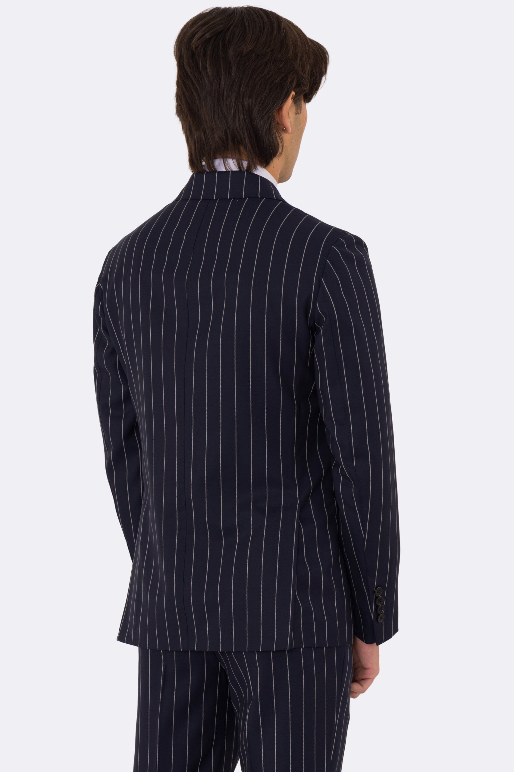 Abito uomo Monopetto Blu gessato fresco lana super 130's double twisted Tessuti Aristo Napoli completamente sfoderato con Rever a lancia e tasche a filetto