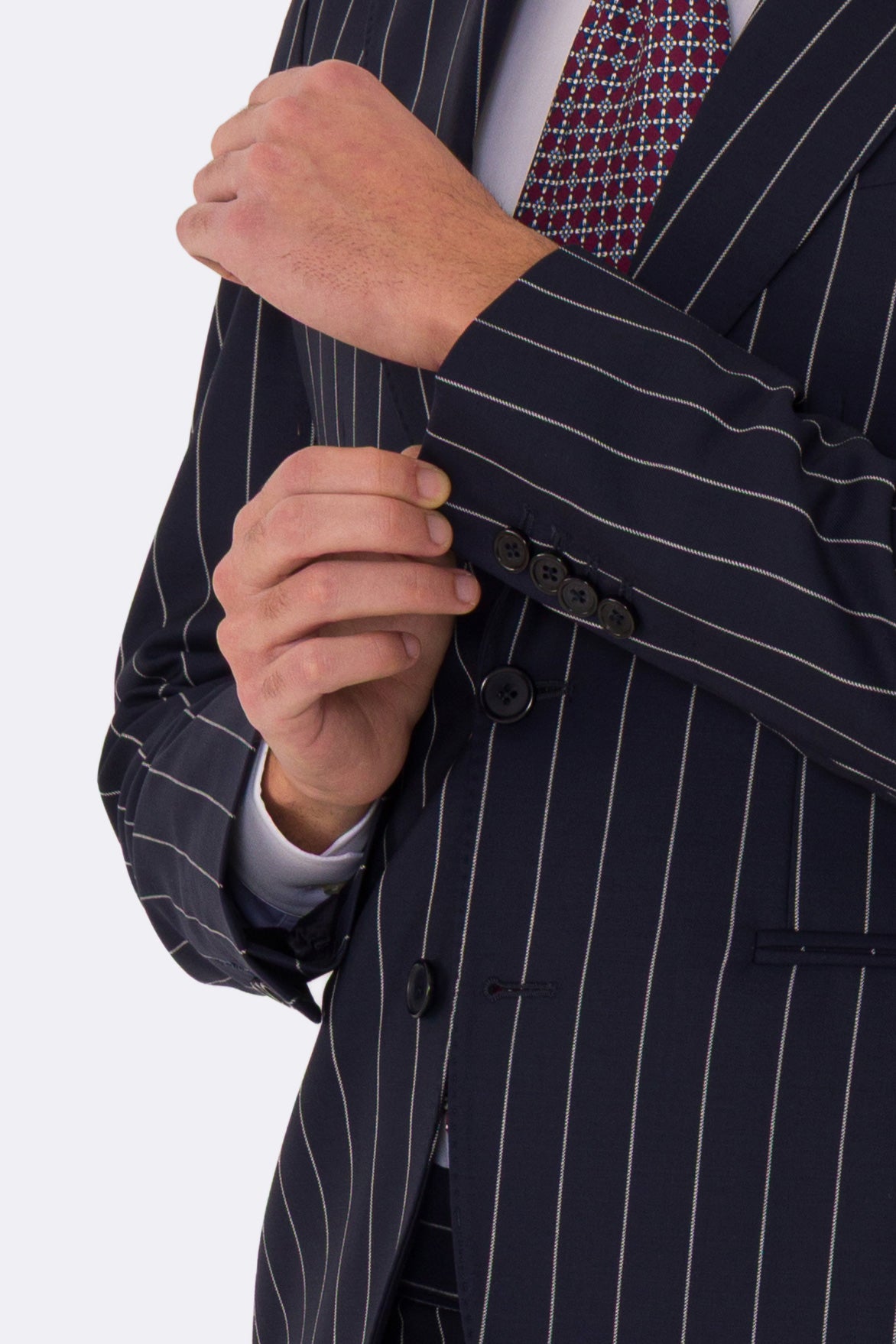 Abito uomo Monopetto Blu gessato fresco lana super 130's double twisted Tessuti Aristo Napoli completamente sfoderato con Rever a lancia e tasche a filetto