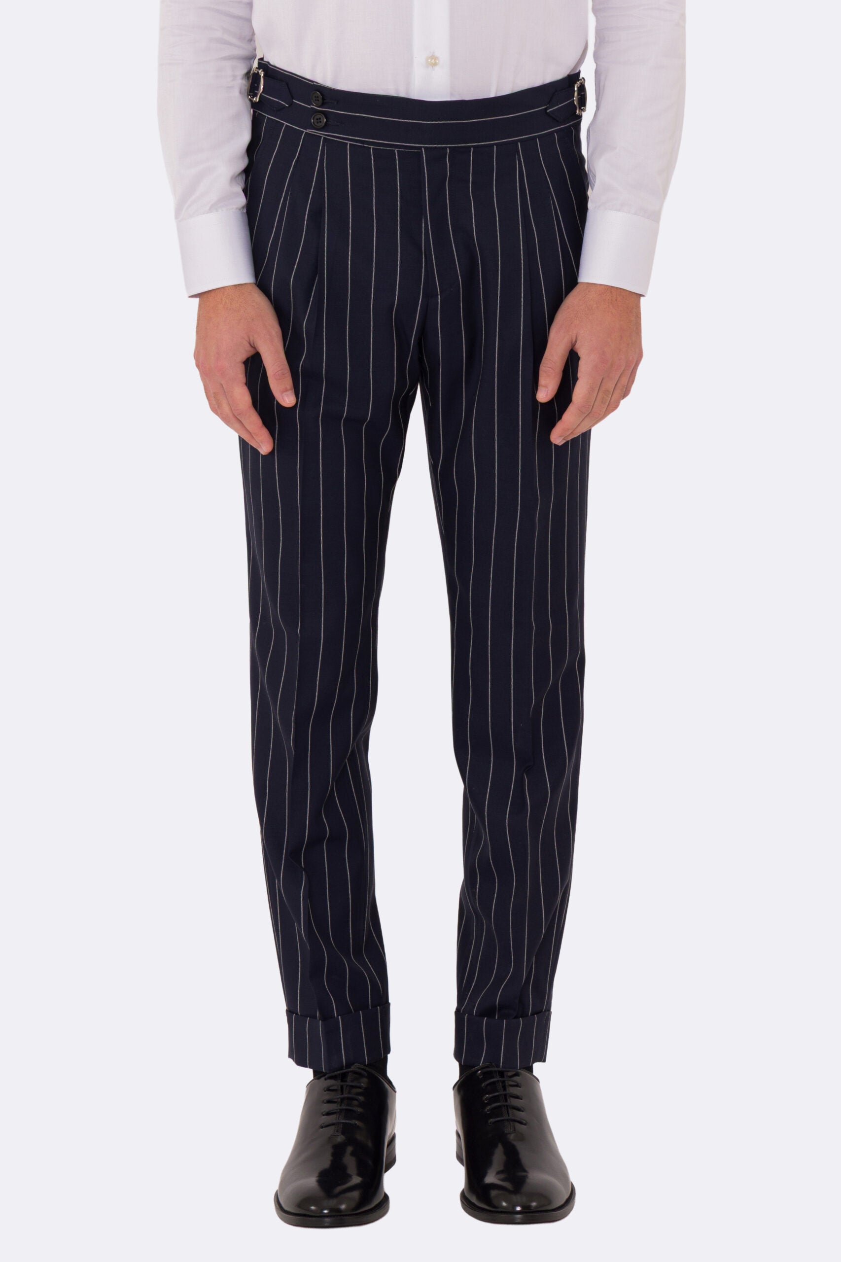 Abito uomo Monopetto Blu gessato fresco lana super 130's double twisted Tessuti Aristo Napoli completamente sfoderato con Rever a lancia e tasche a filetto