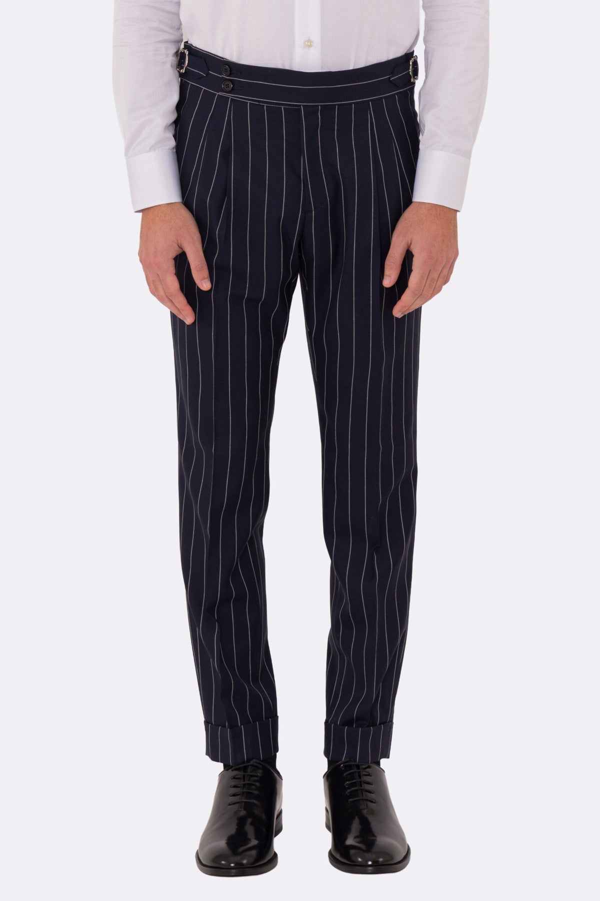 Abito uomo Monopetto Blu gessato fresco lana super 130's double twisted Tessuti Aristo Napoli completamente sfoderato con Rever a lancia e tasche a filetto