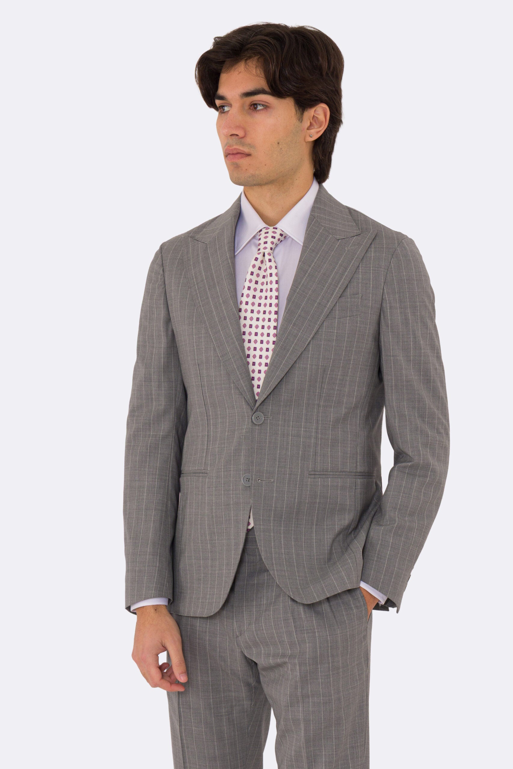 Abito uomo Monopetto Grigio gessato fresco lana super 130's double twisted Tessuti Aristo Napoli completamente sfoderato con Rever a lancia e tasche a filetto