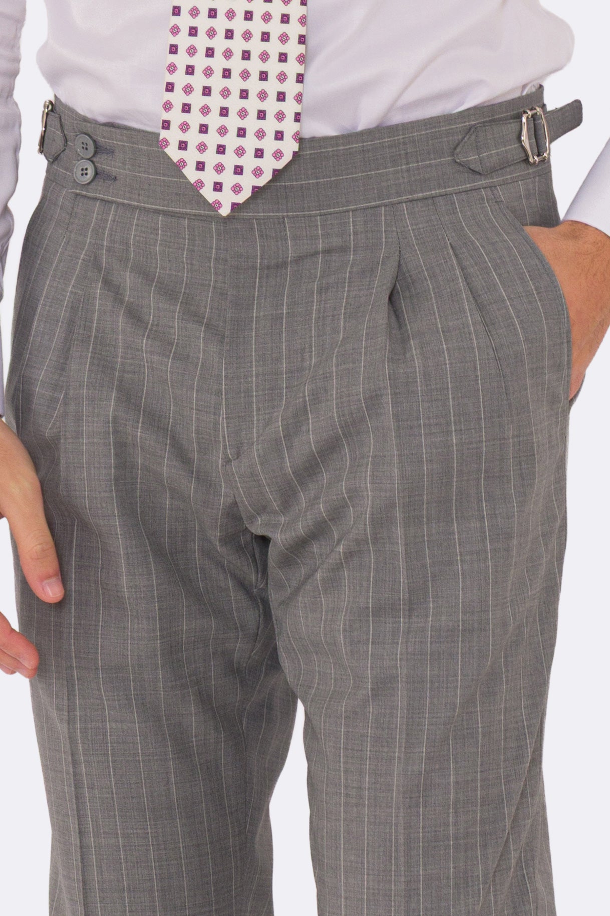 Abito uomo Monopetto Grigio gessato fresco lana super 130's double twisted Tessuti Aristo Napoli completamente sfoderato con Rever a lancia e tasche a filetto