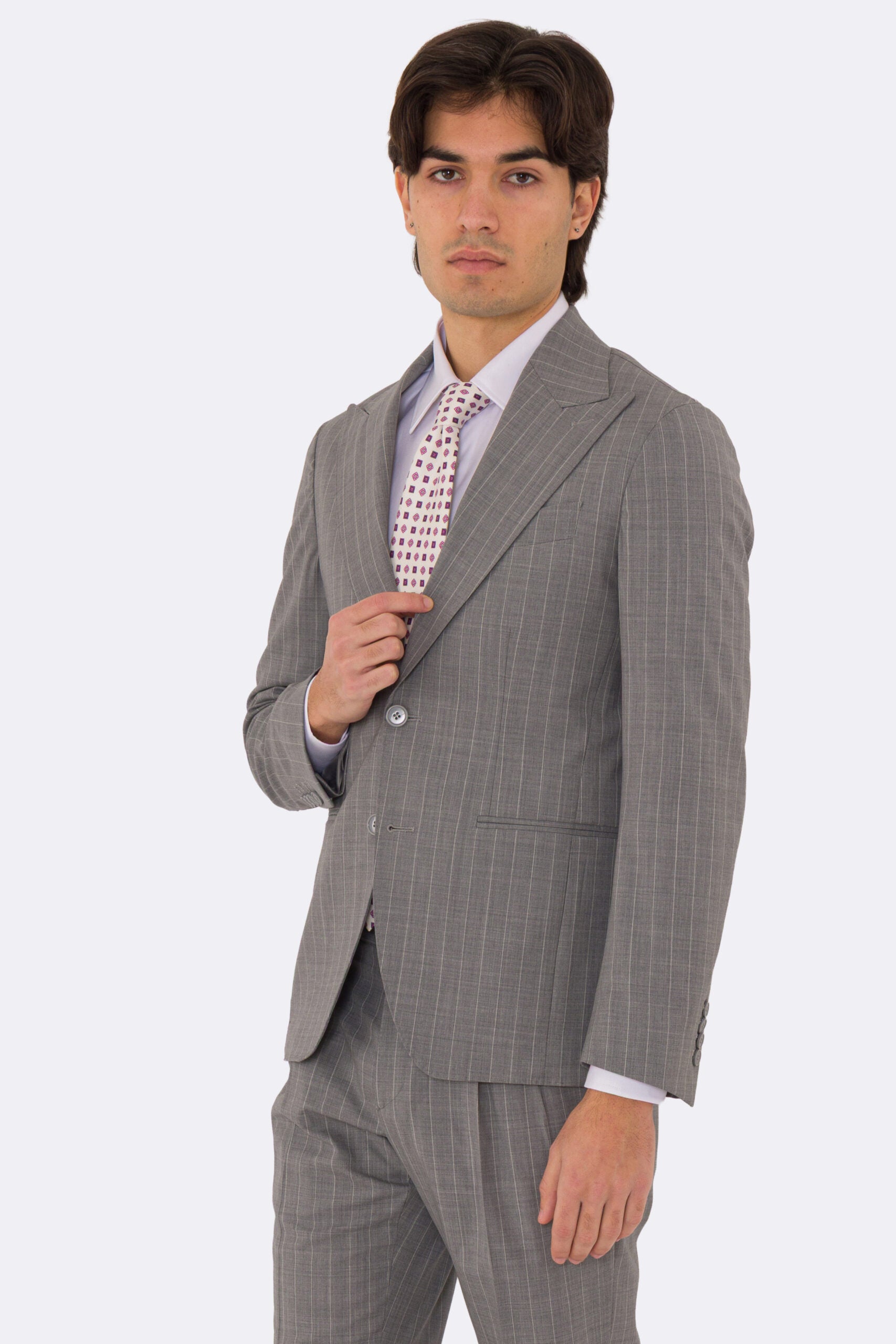 Abito uomo Monopetto Grigio gessato fresco lana super 130's double twisted Tessuti Aristo Napoli completamente sfoderato con Rever a lancia e tasche a filetto