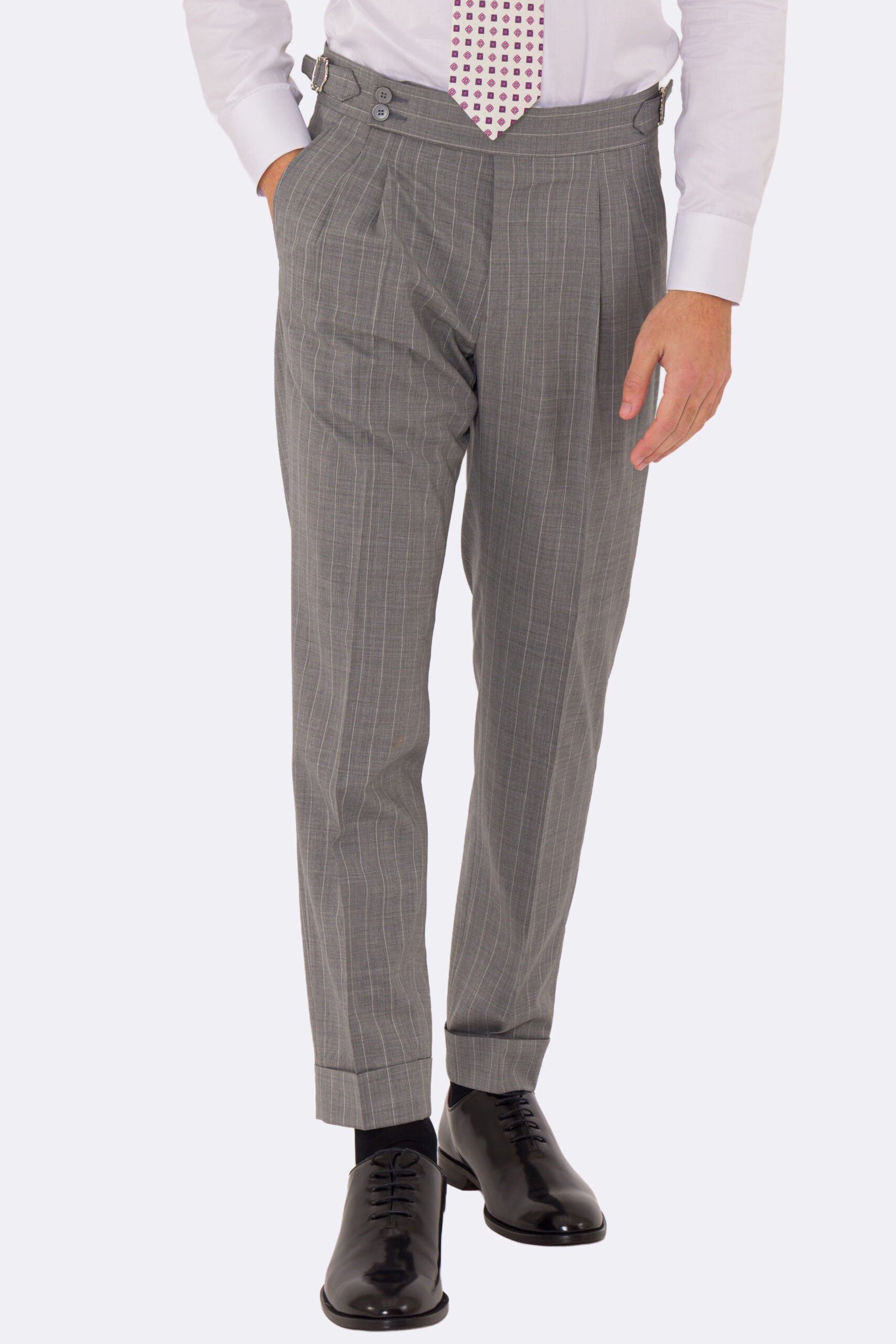 Abito uomo Monopetto Grigio gessato fresco lana super 130's double twisted Tessuti Aristo Napoli completamente sfoderato con Rever a lancia e tasche a filetto