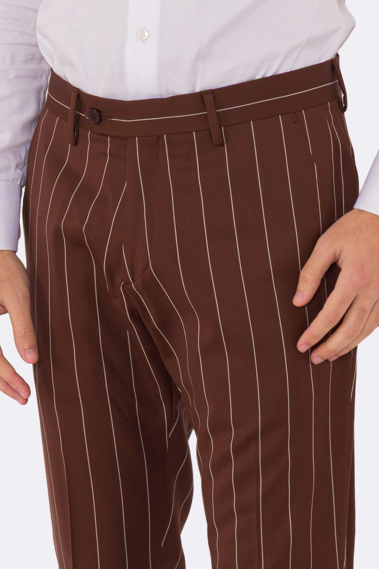Abito uomo Doppiopetto Coccio gessato fresco lana super 130's Double Twisted Tessuti Ariston Napoli completamente sfoderato con Rever a lancia e tasche a filetto